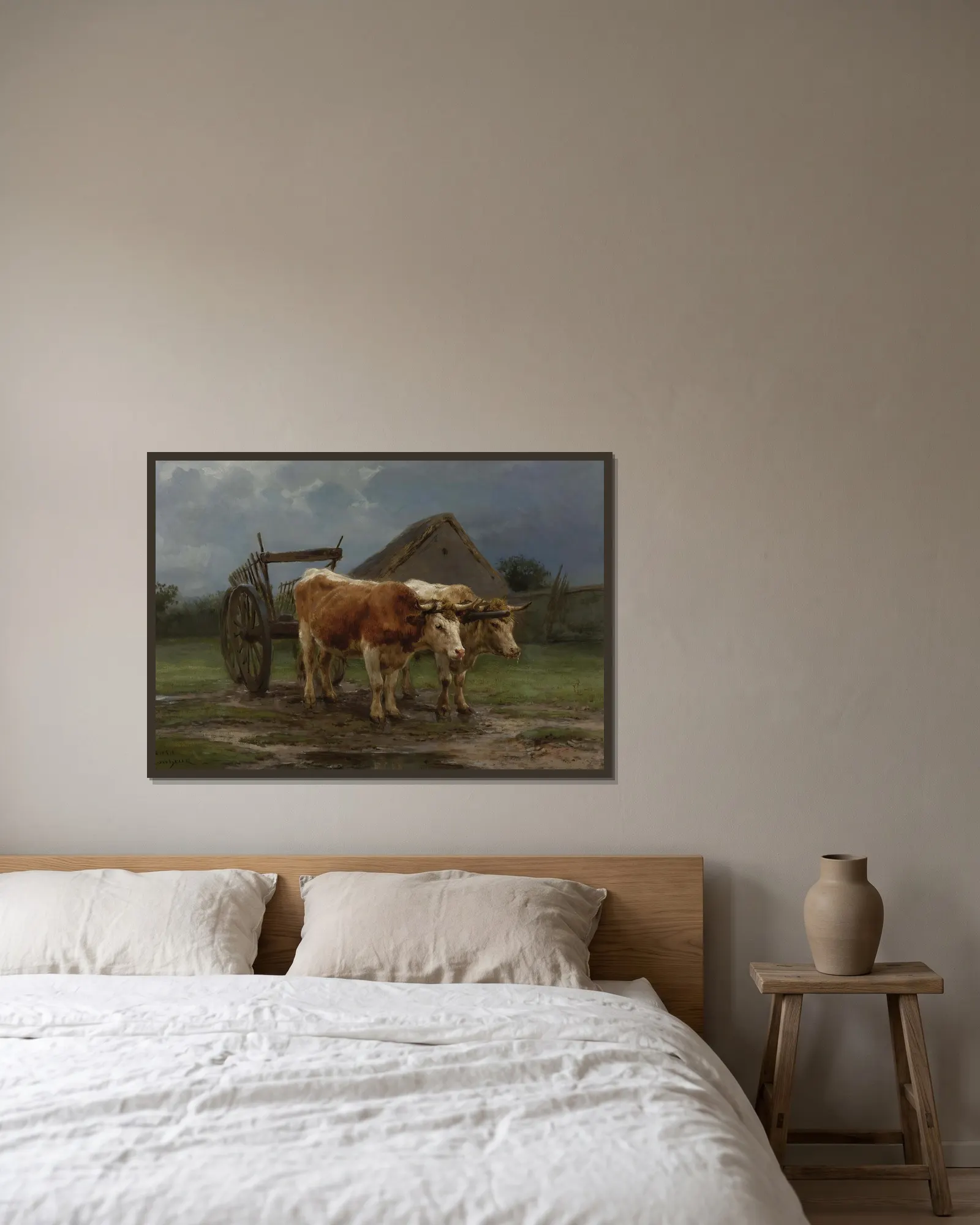 Oxen Pulling A Cart av Rosa Bonheur inramad på en vägg