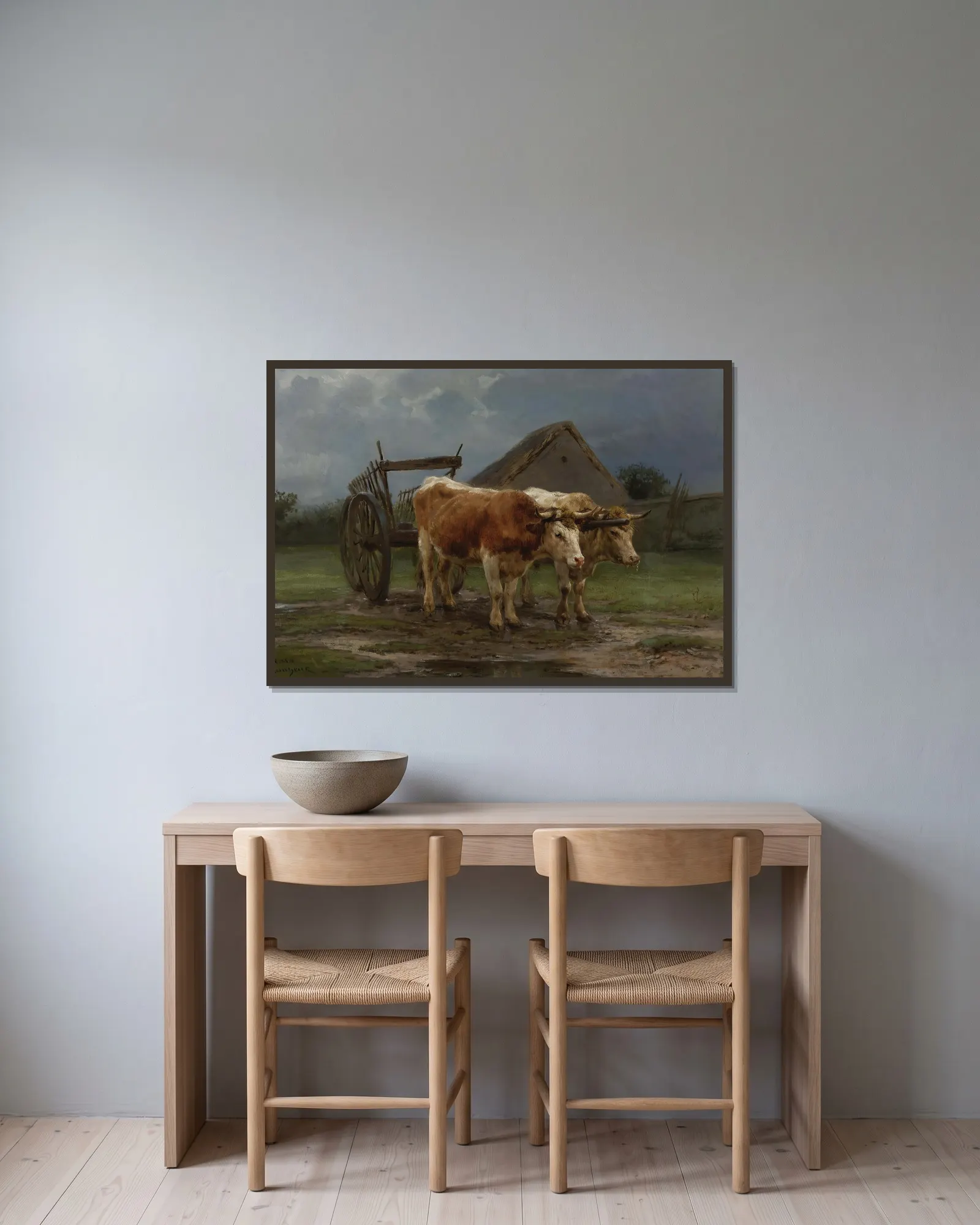 Oxen Pulling A Cart av Rosa Bonheur inramad på en vägg