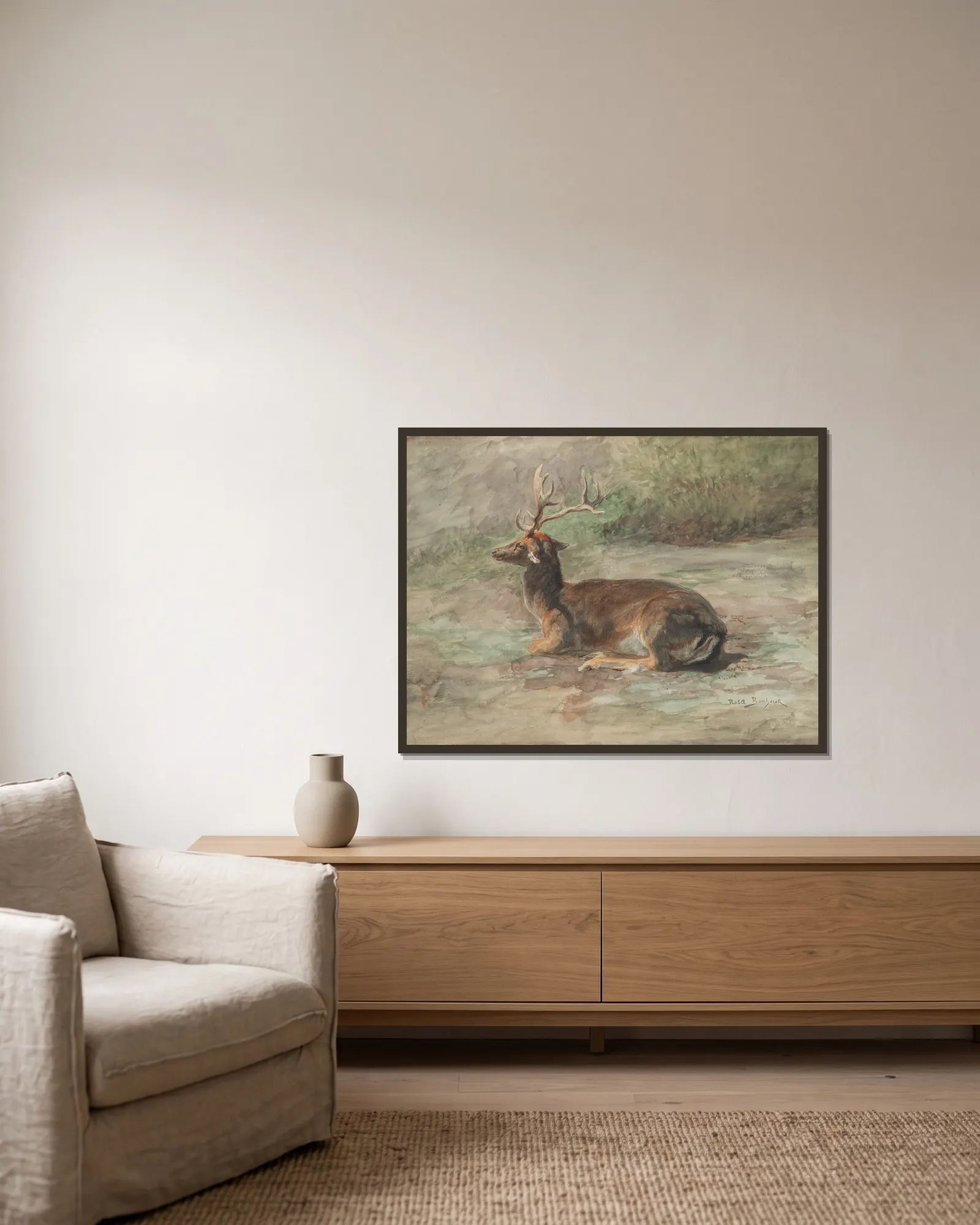 Stag Lying Down av Rosa Bonheur inramad på en vägg