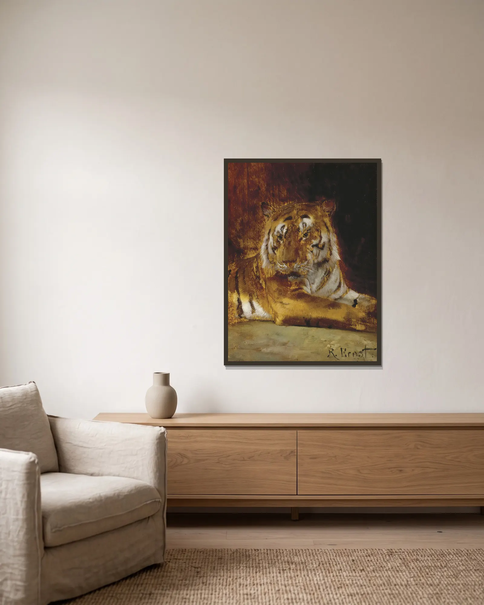 Tiger av Rudolf Ernst inramad på en vägg