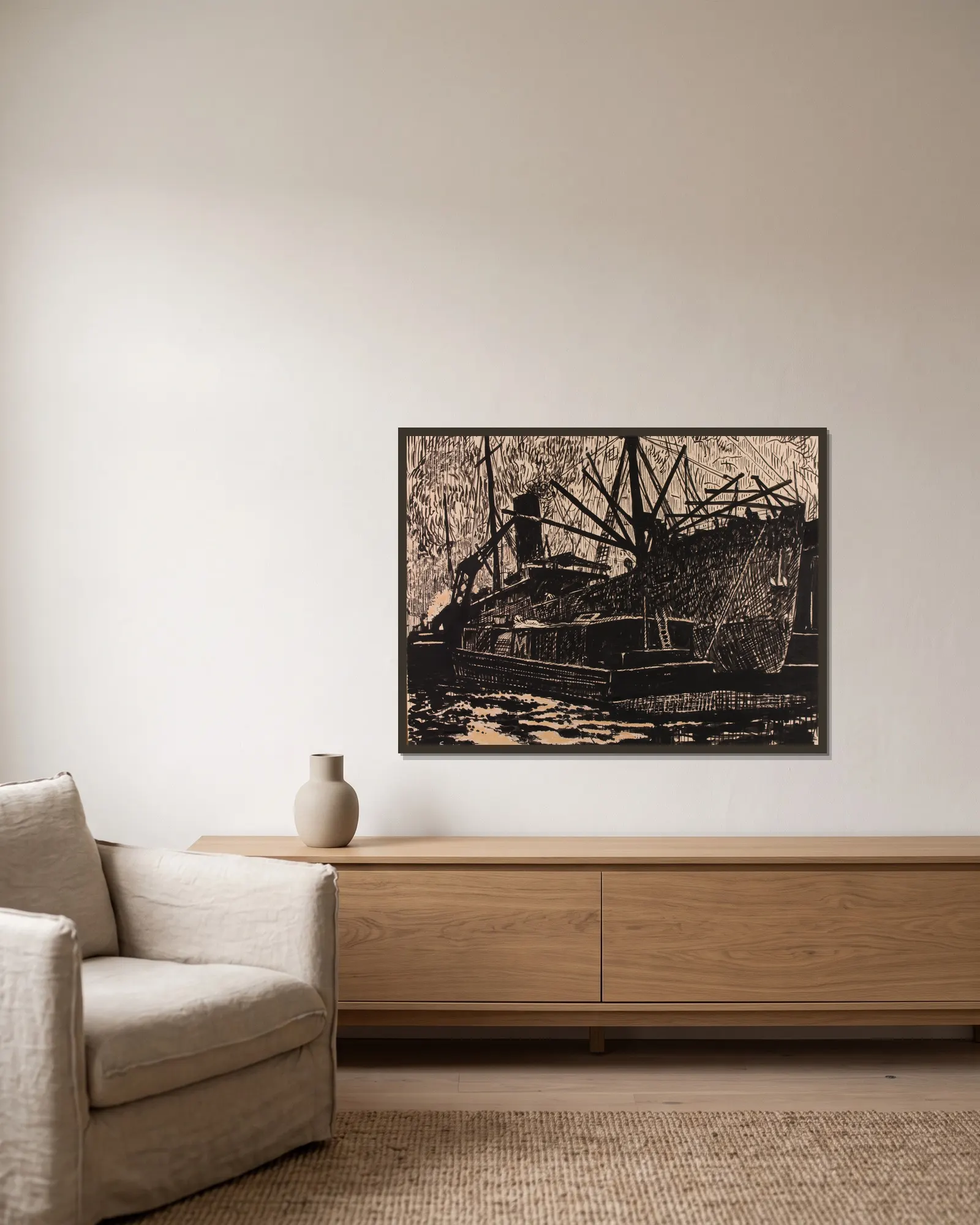 Liner and Tug av Henry Lyman Saÿen inramad på en vägg