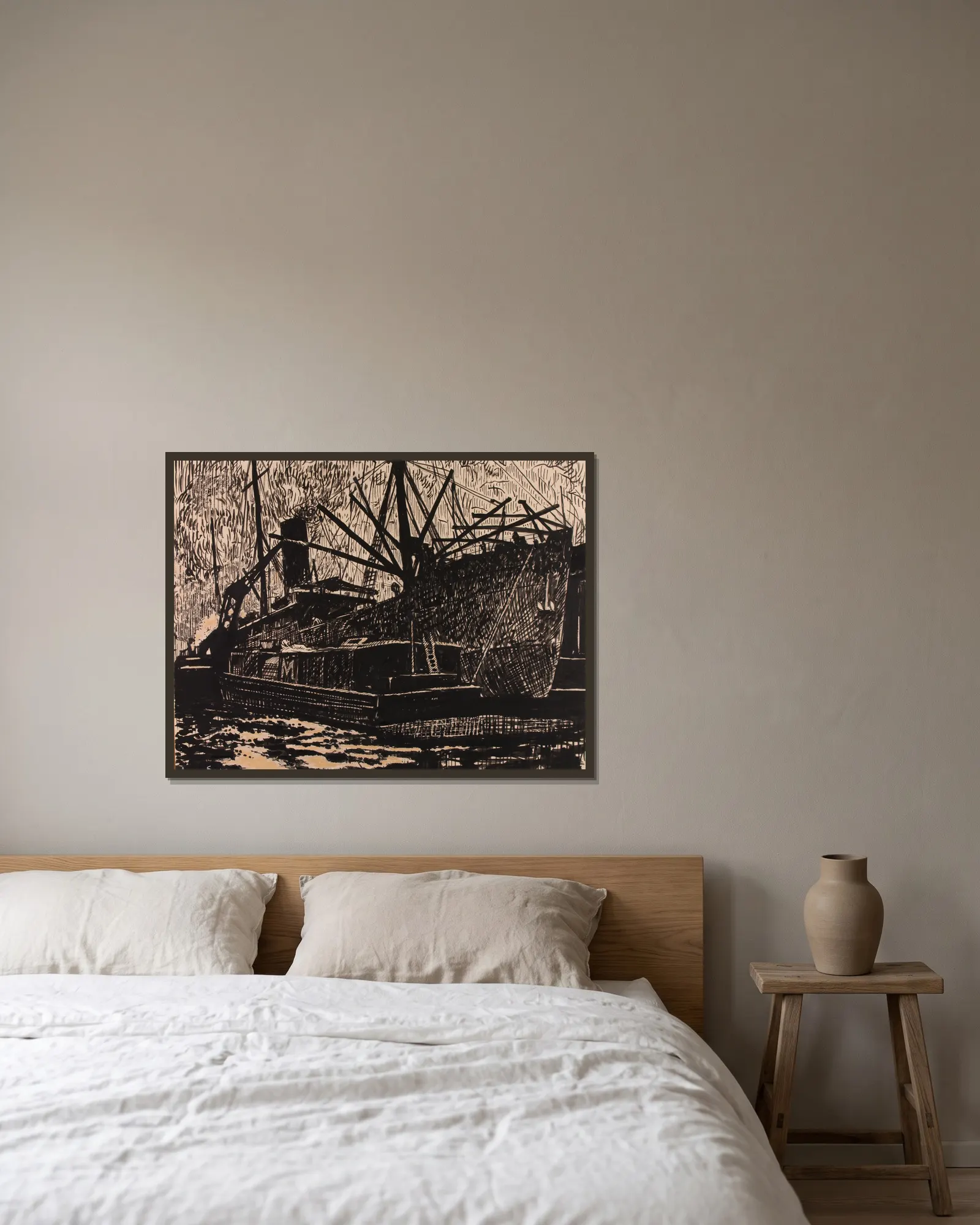 Liner and Tug av Henry Lyman Saÿen inramad på en vägg
