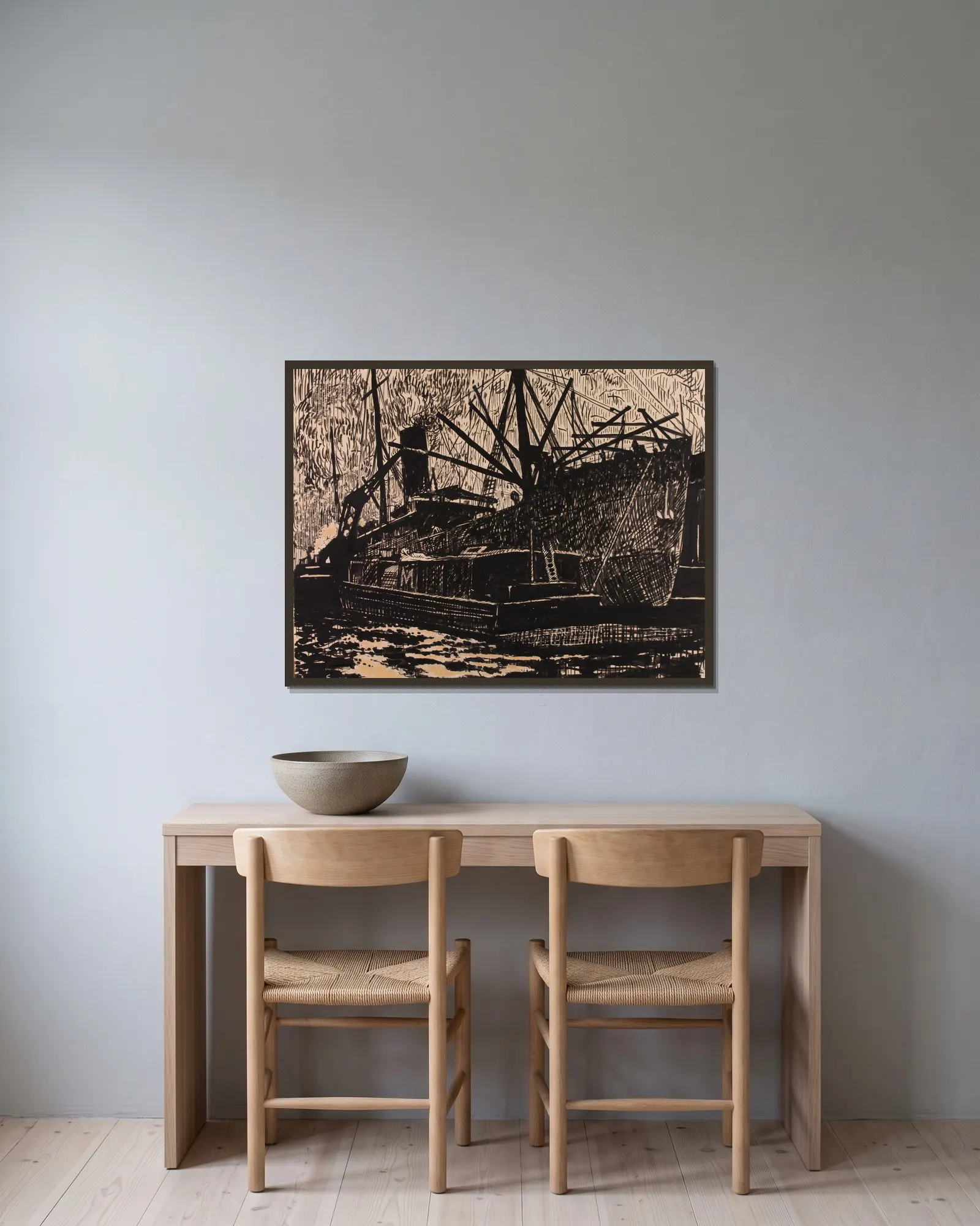 Liner and Tug av Henry Lyman Saÿen inramad på en vägg