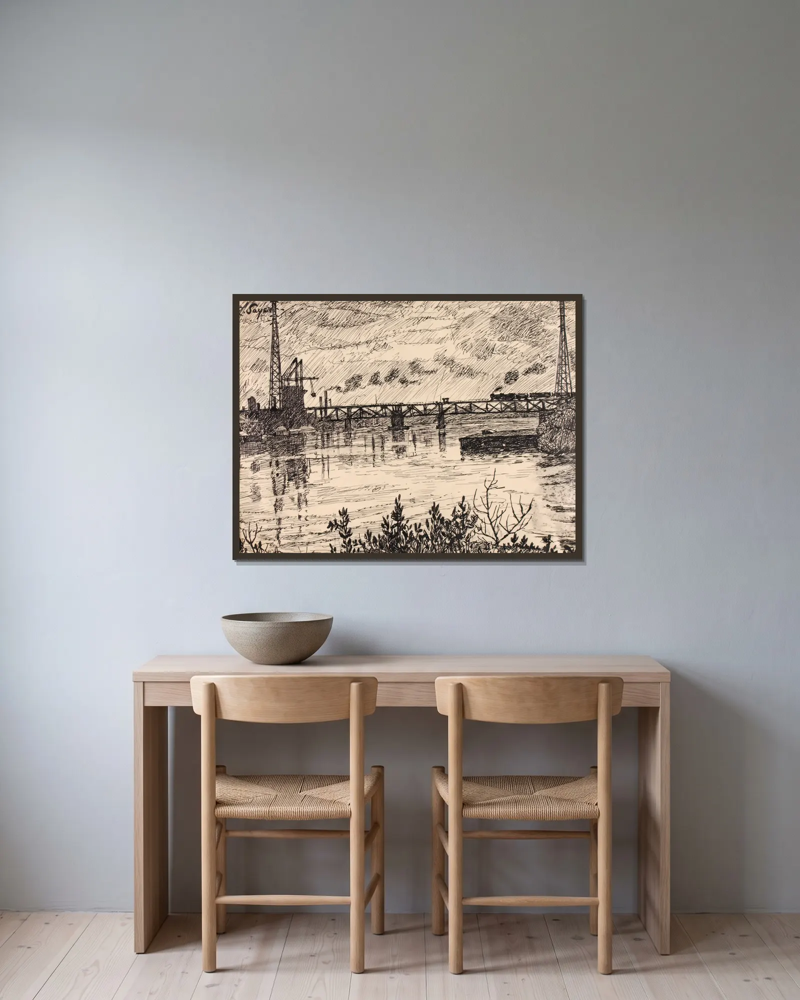 Schuylkill no. 3 av Henry Lyman Saÿen inramad på en vägg