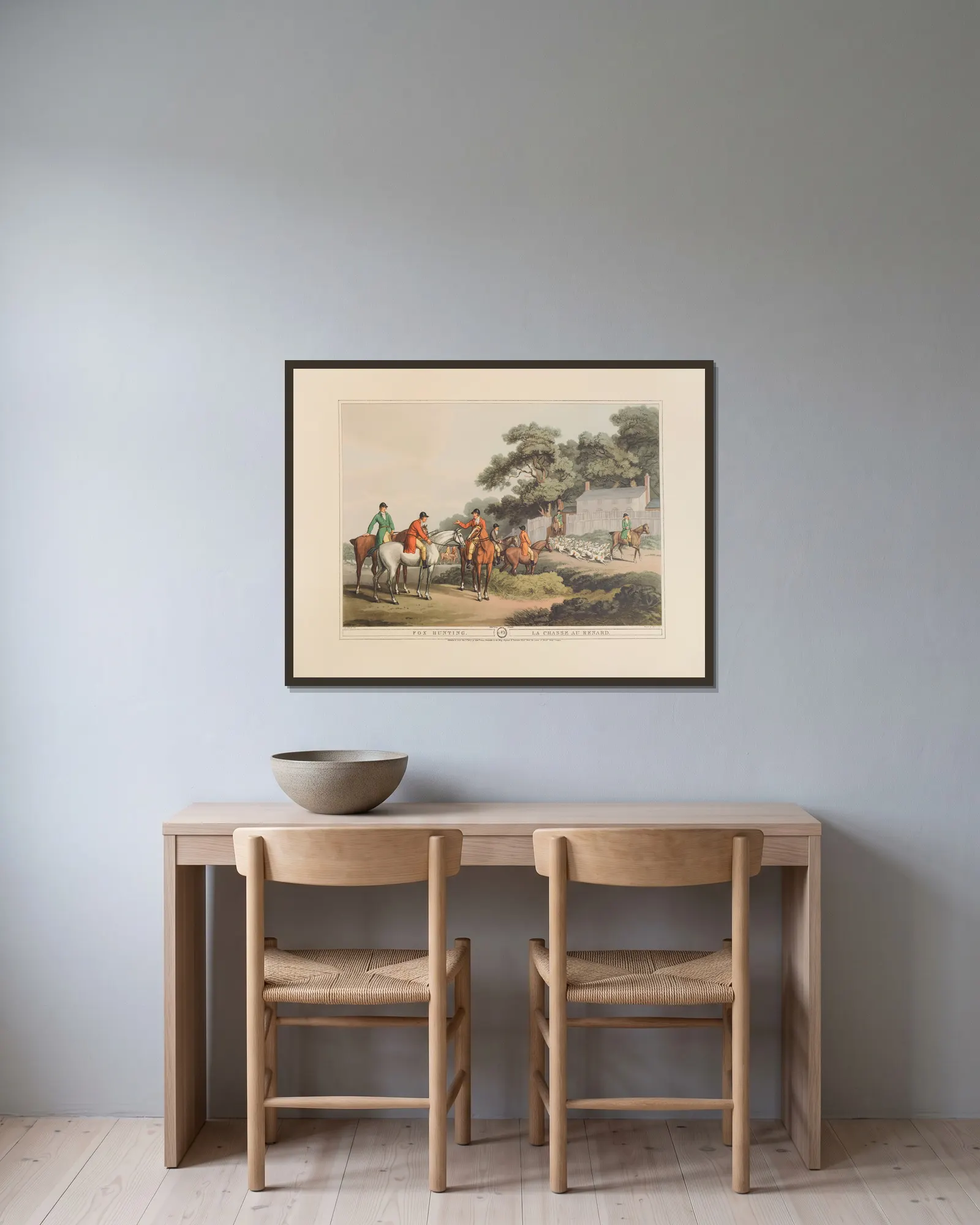 Fox Hunting, 1 av Samuel Howitt inramad på en vägg