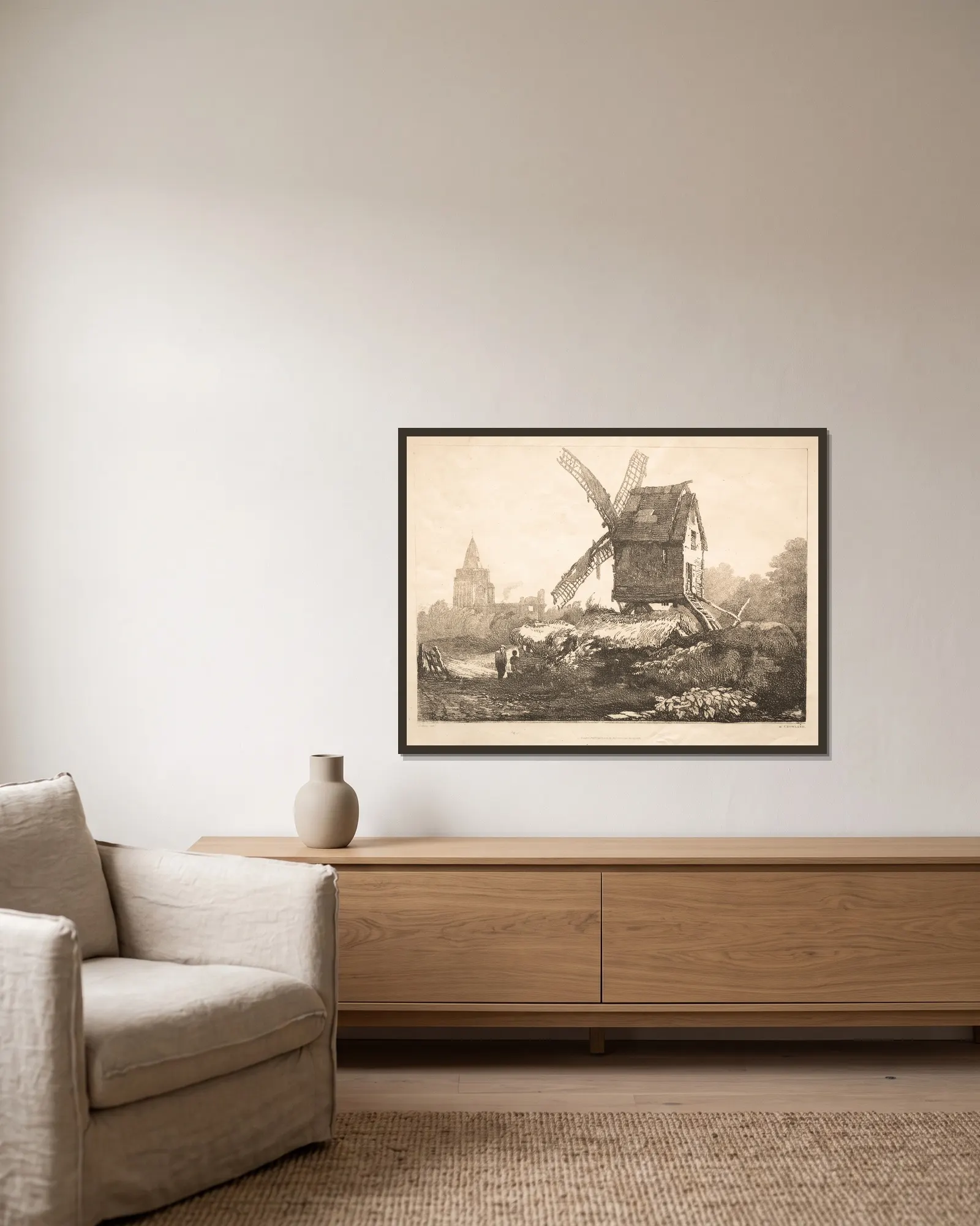 At Crowland, Windmill av Samuel Prout inramad på en vägg