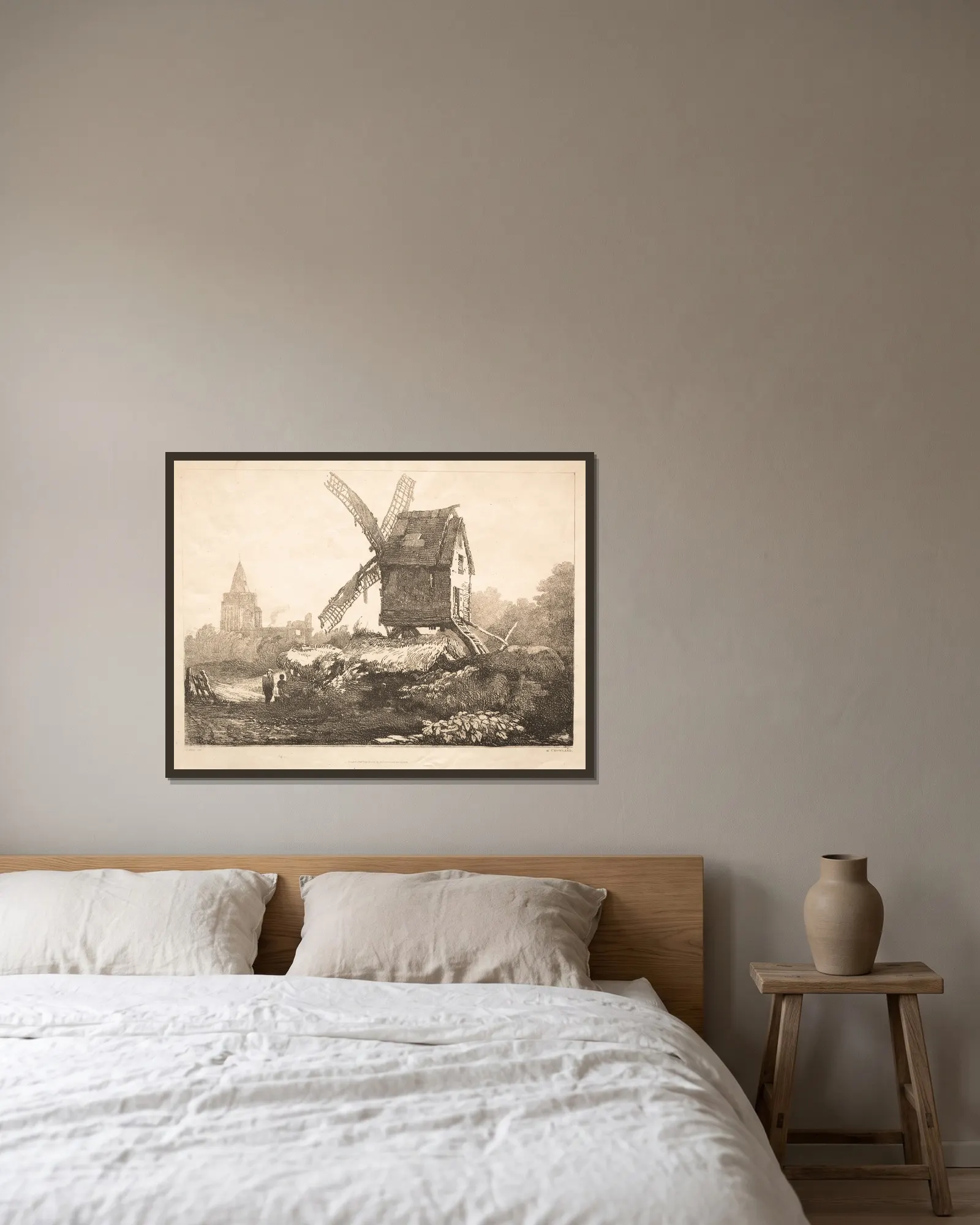 At Crowland, Windmill av Samuel Prout inramad på en vägg