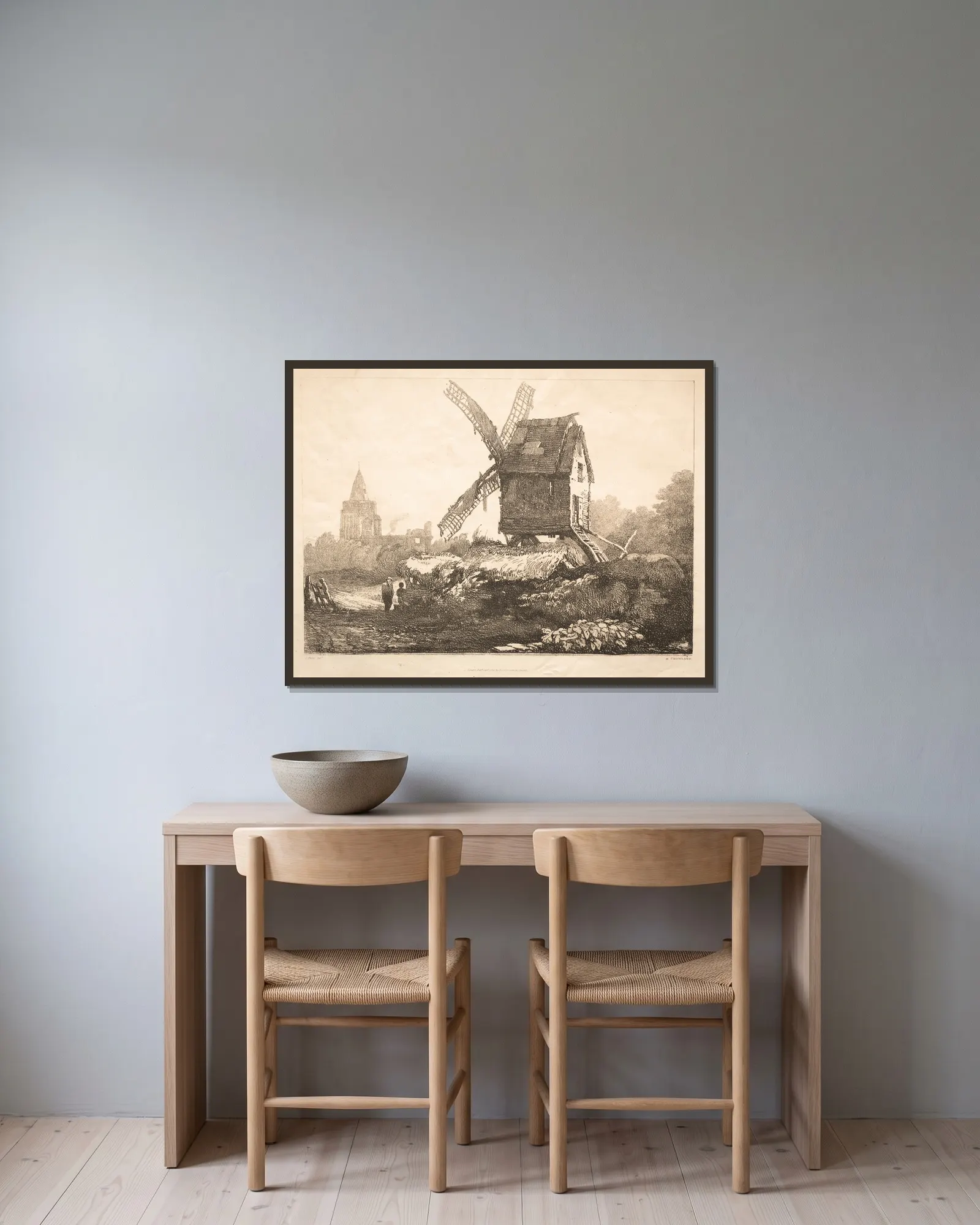 At Crowland, Windmill av Samuel Prout inramad på en vägg