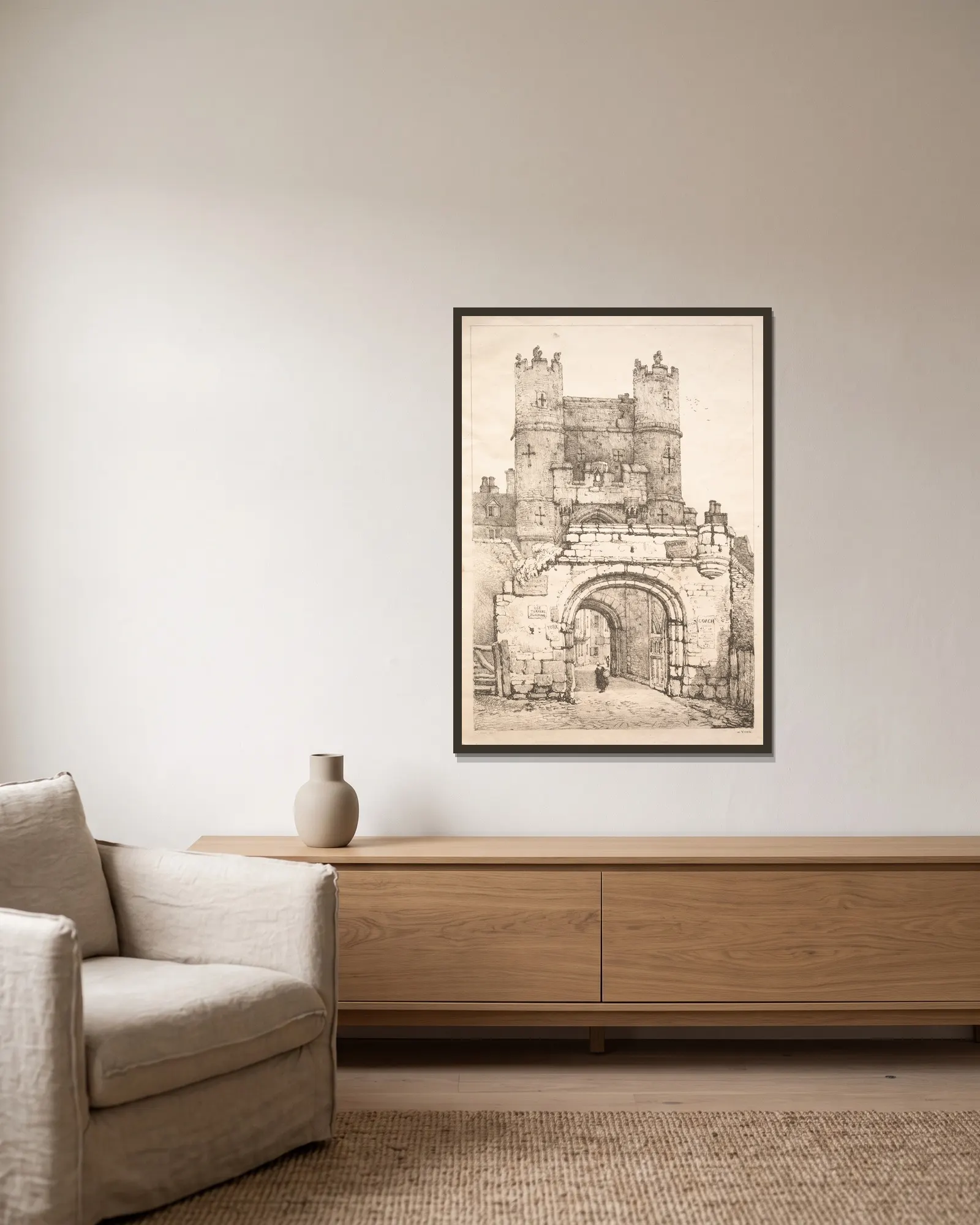At York, Medieval Gate av Samuel Prout inramad på en vägg