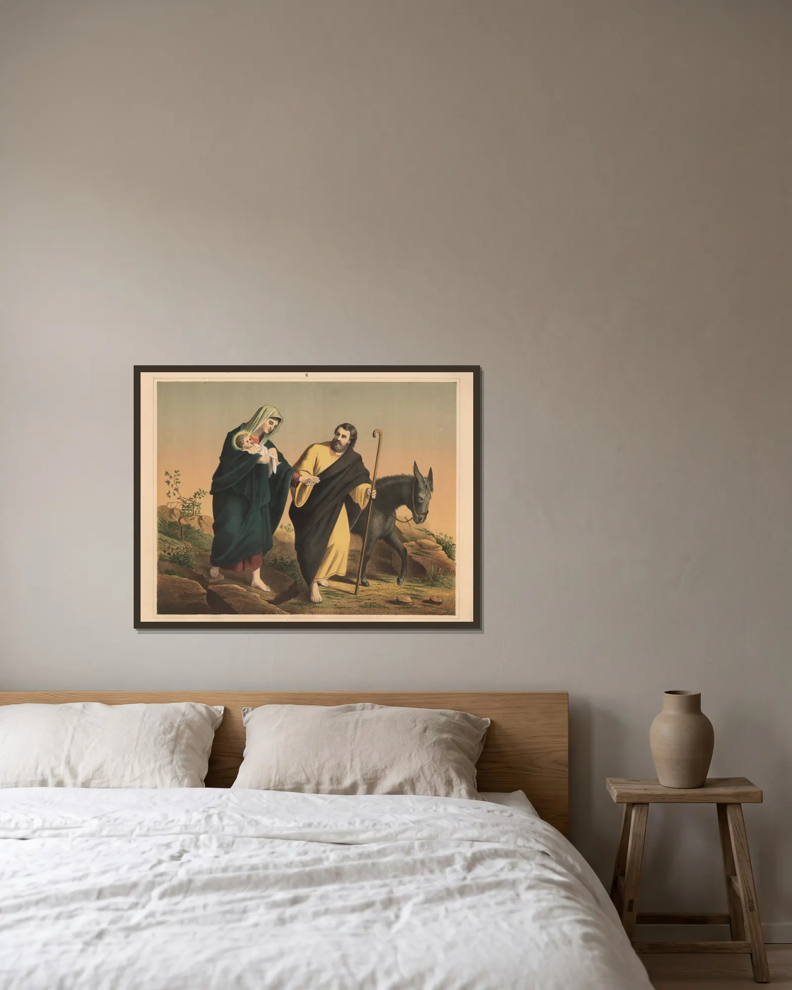 The Flight to Egypt av Sandberg inramad på en vägg
