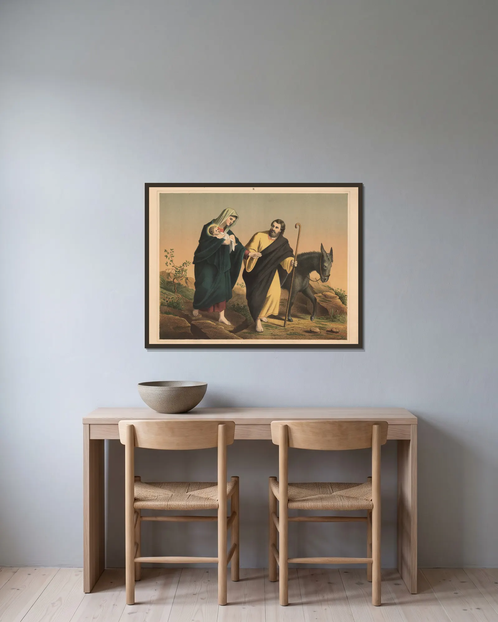 The Flight to Egypt av Sandberg inramad på en vägg