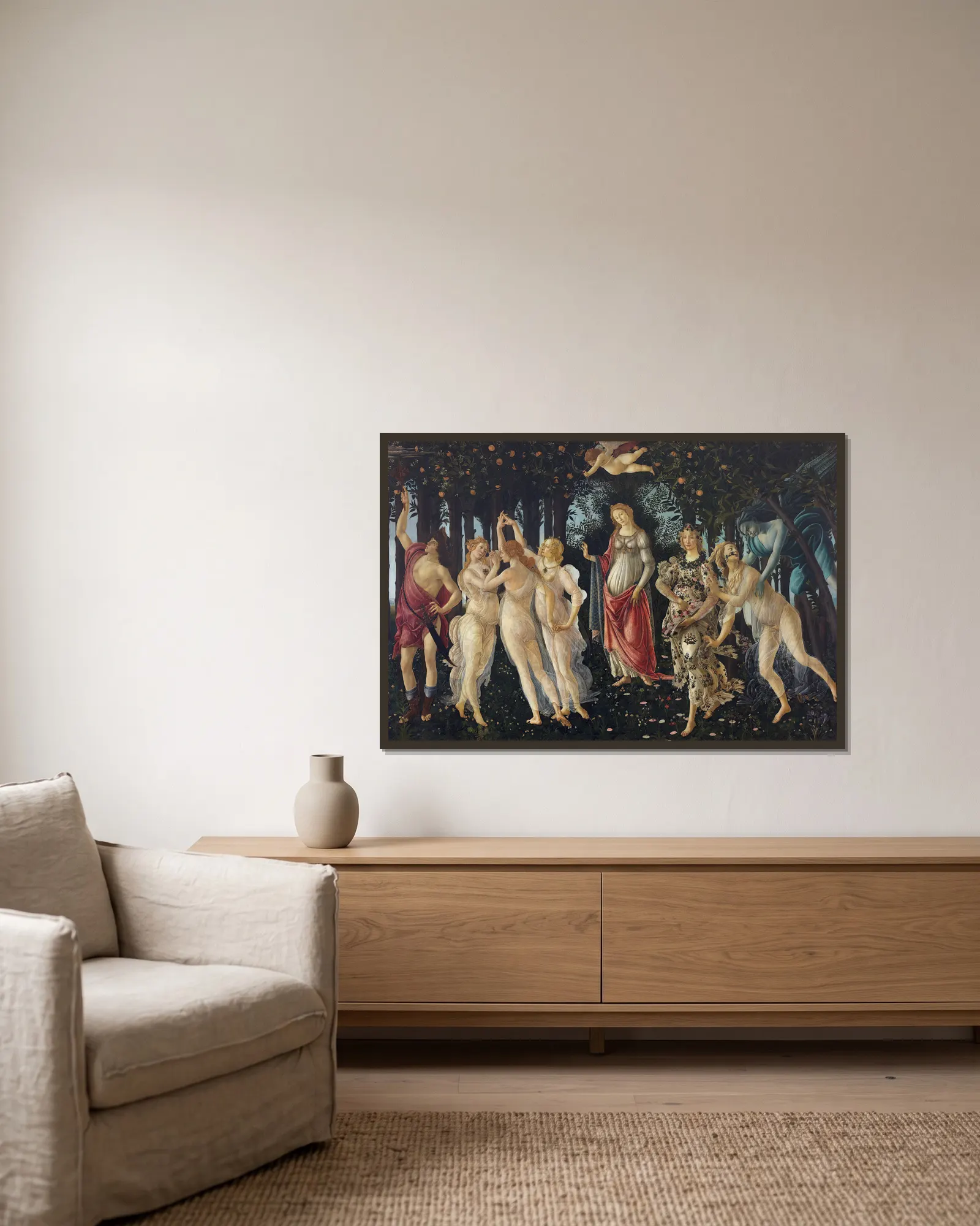 Spring av Sandro Botticelli inramad på en vägg