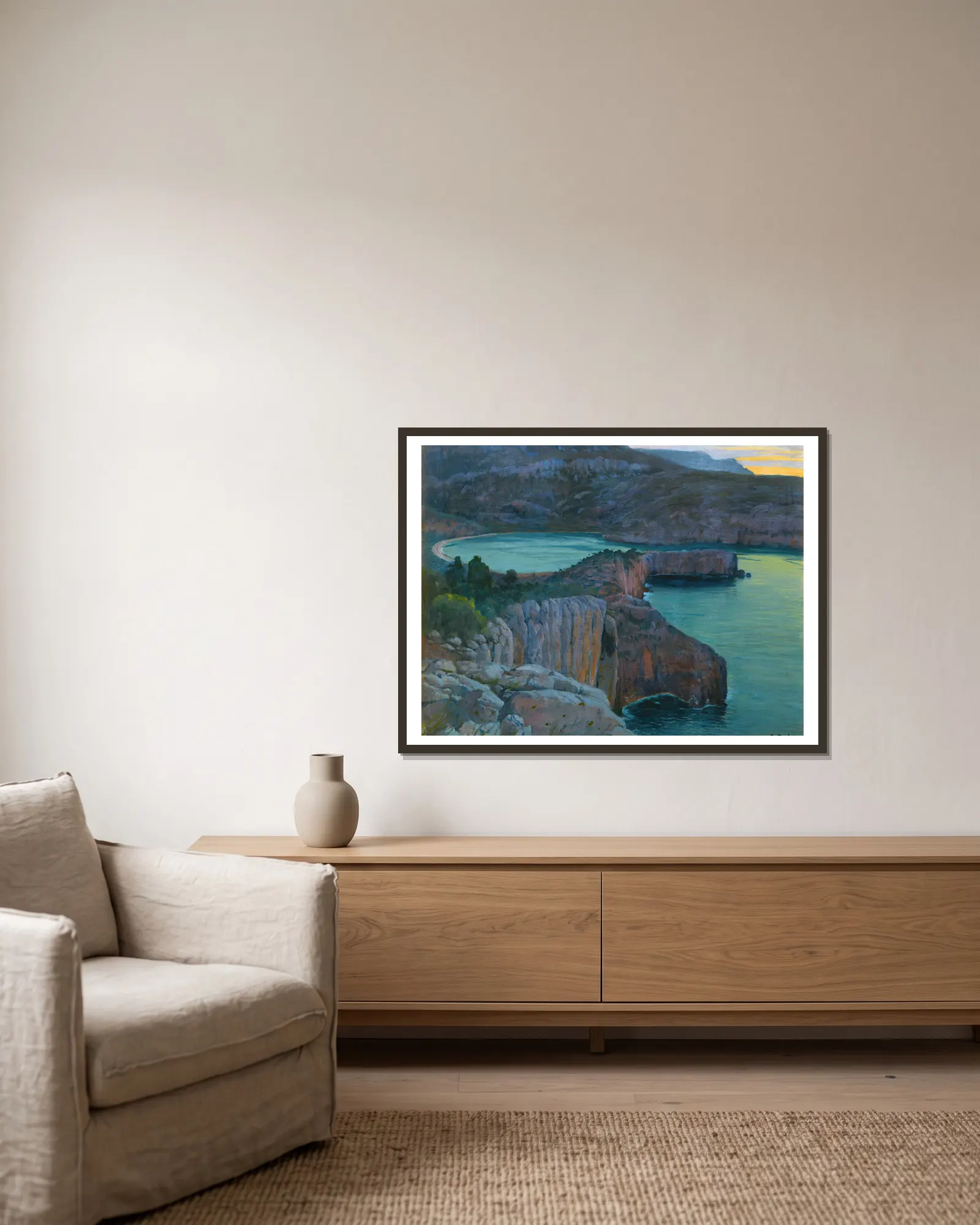 Cala Grisa av Santiago Rusiñol inramad på en vägg
