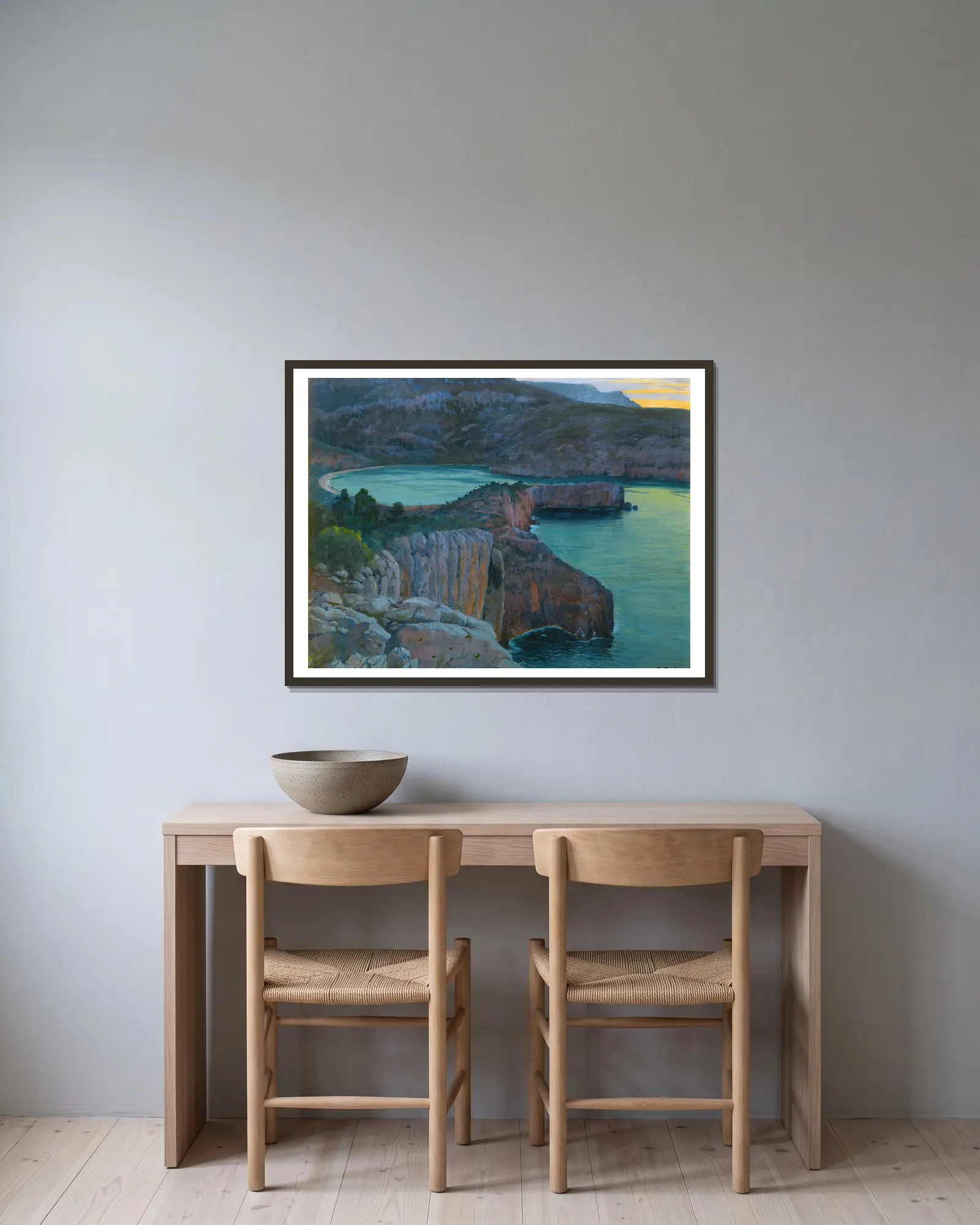 Cala Grisa av Santiago Rusiñol inramad på en vägg