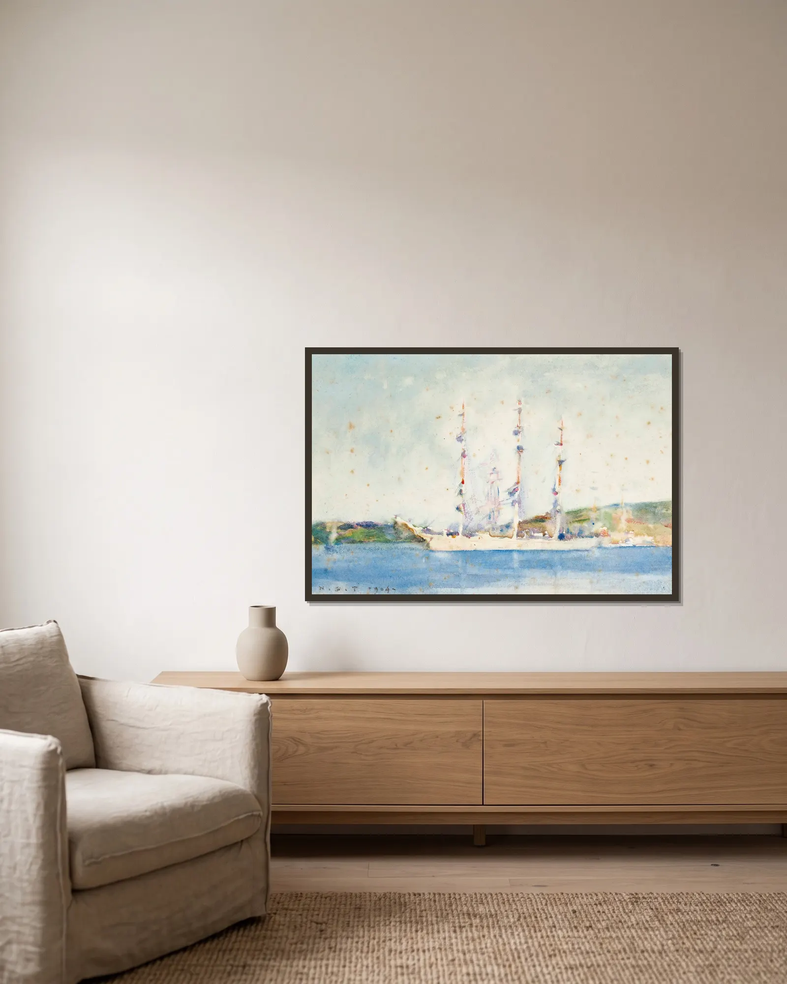 A Windjammer At Anchor av Henry Scott Tuke inramad på en vägg