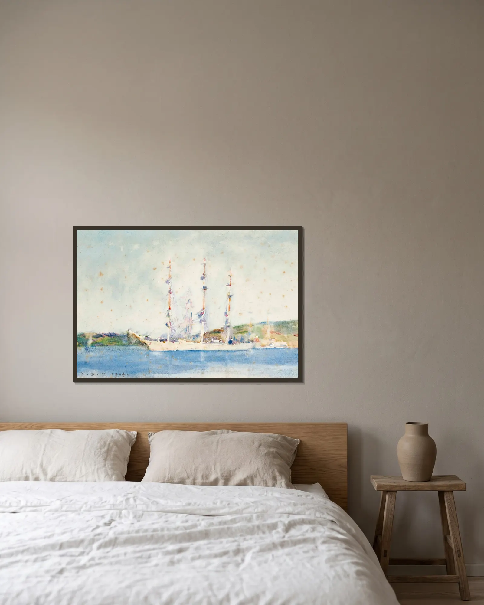 A Windjammer At Anchor av Henry Scott Tuke inramad på en vägg