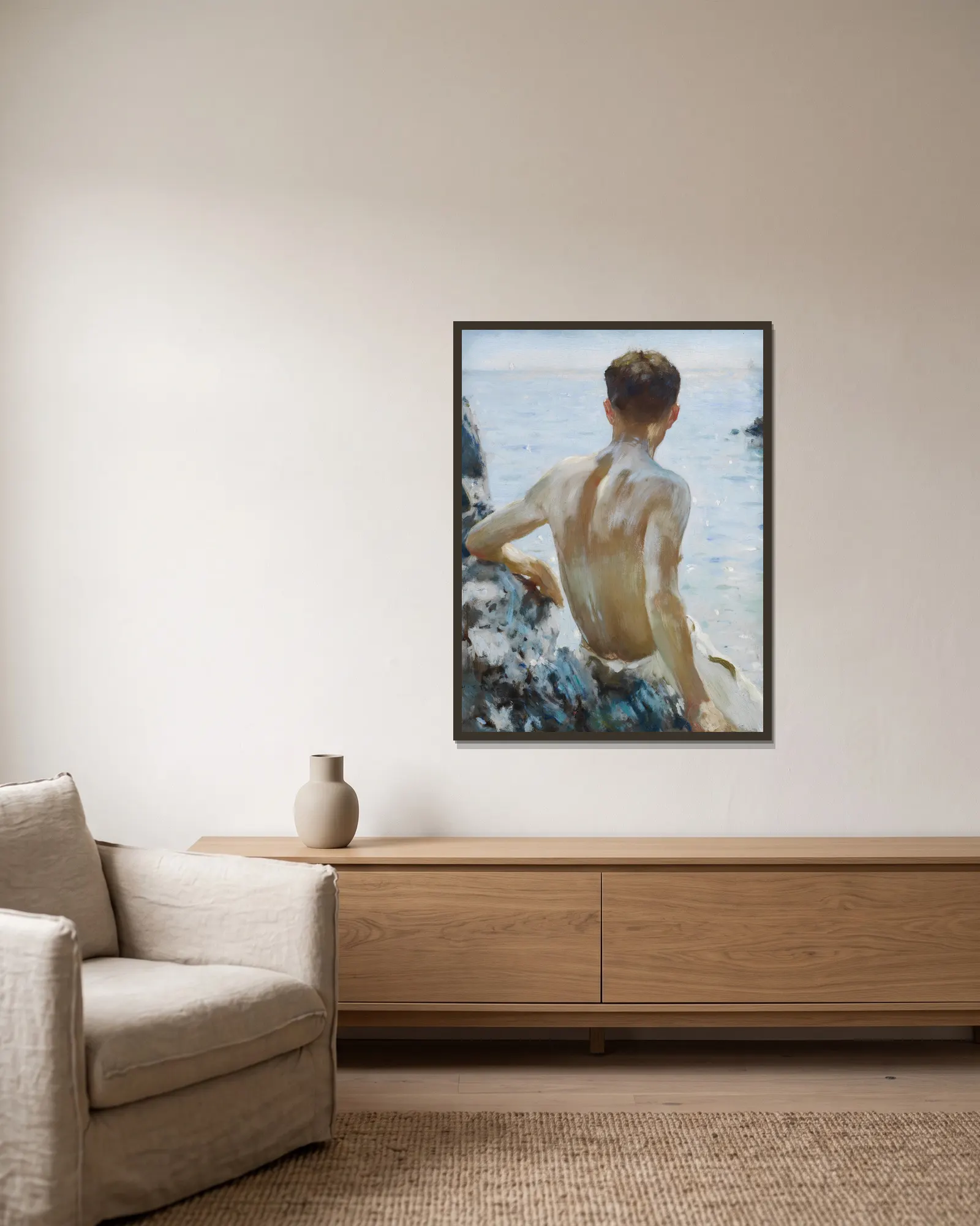Beach Study av Henry Scott Tuke inramad på en vägg