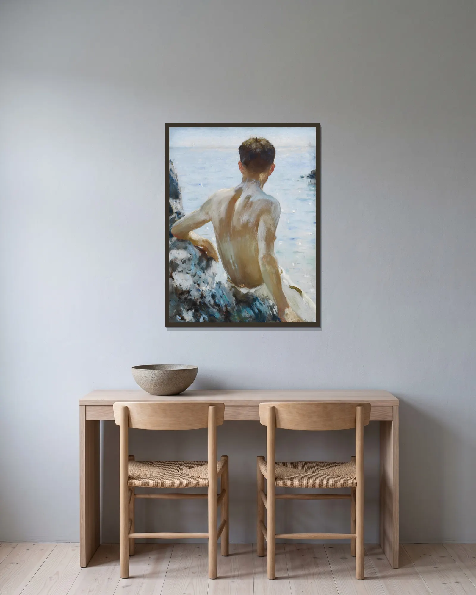 Beach Study av Henry Scott Tuke inramad på en vägg