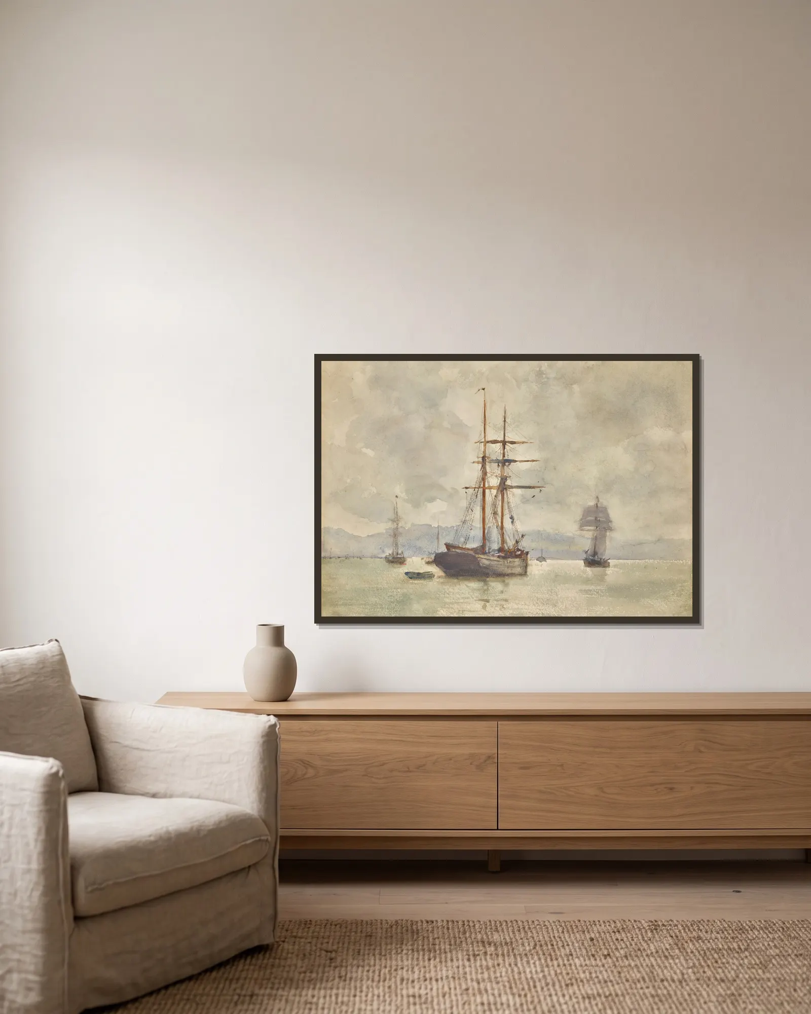Sailing Ships At Anchor av Henry Scott Tuke inramad på en vägg