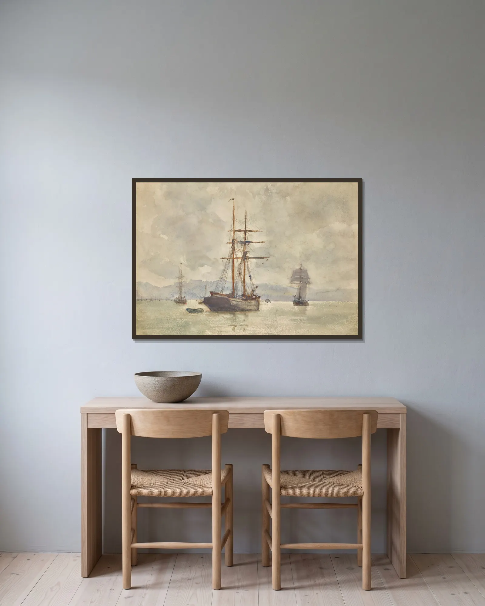 Sailing Ships At Anchor av Henry Scott Tuke inramad på en vägg