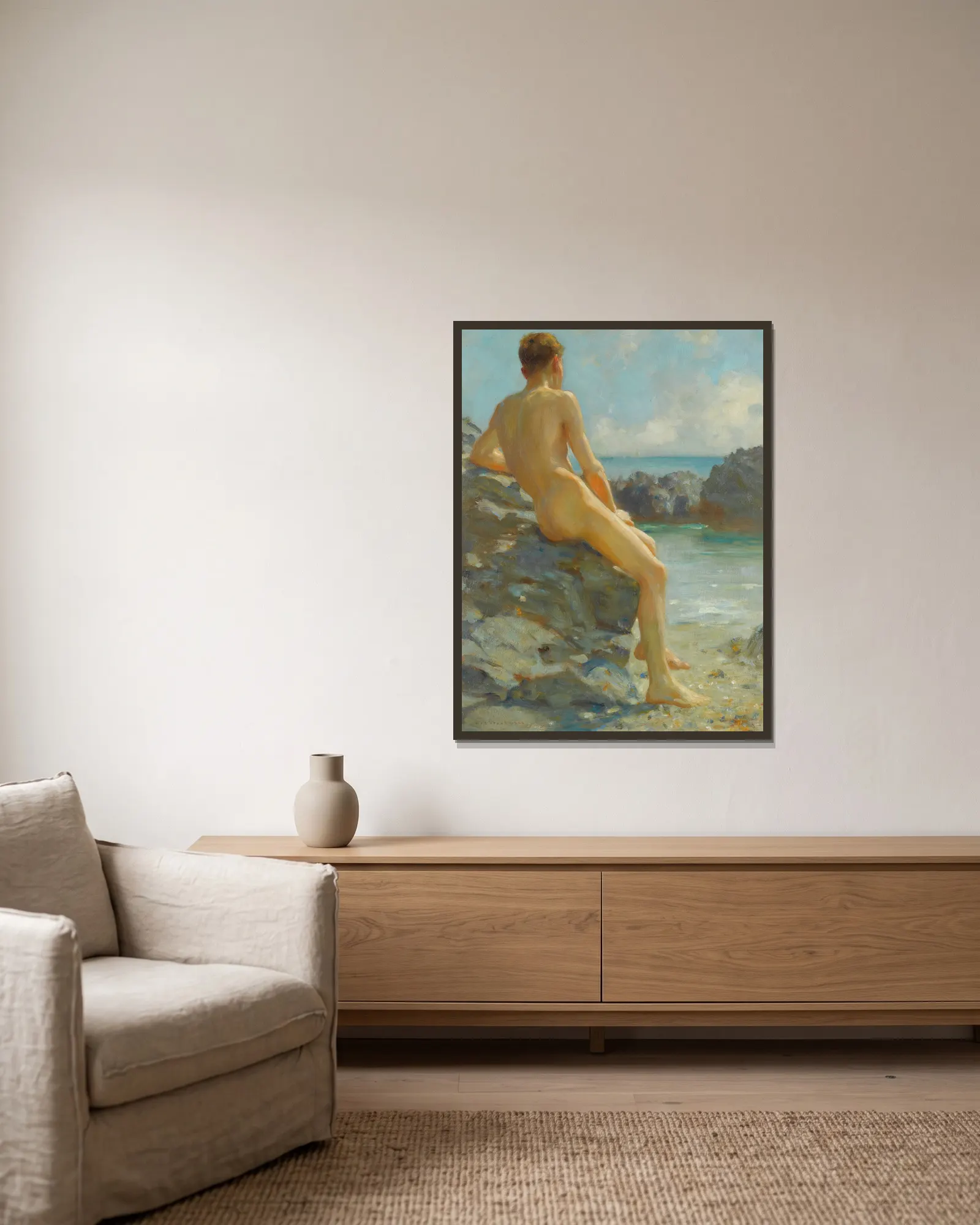 The Bather av Henry Scott Tuke inramad på en vägg