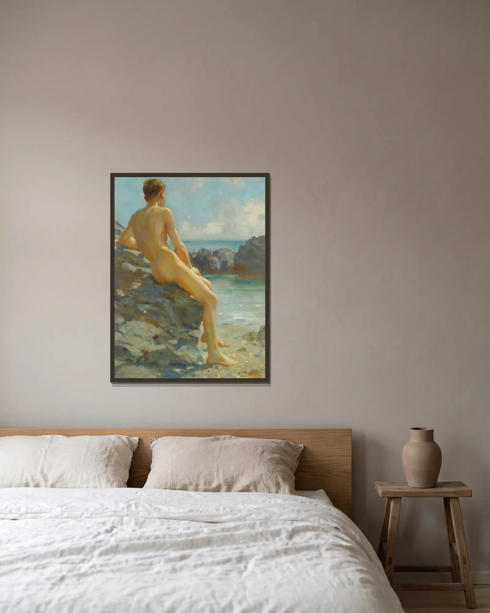 The Bather av Henry Scott Tuke inramad på en vägg