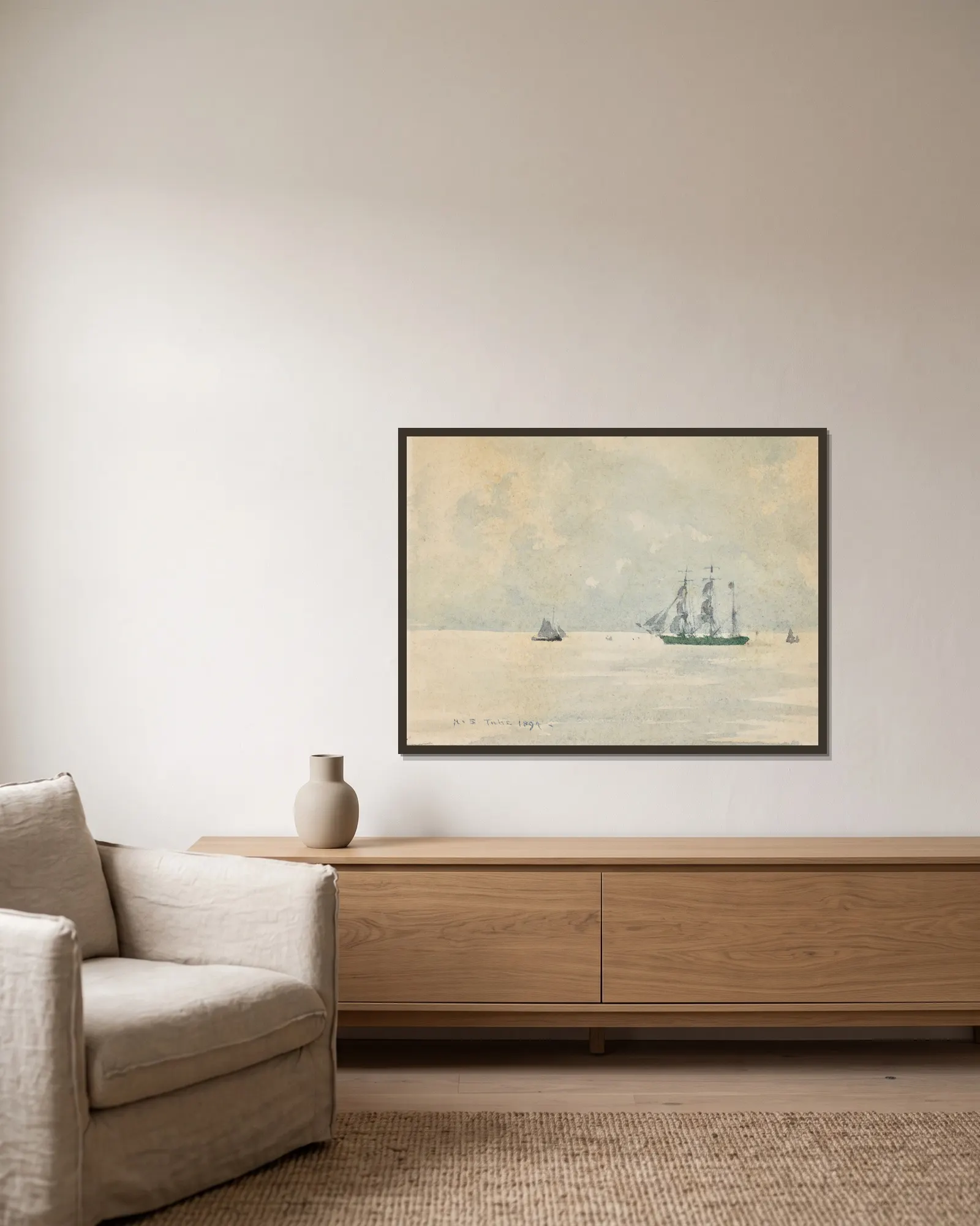 Three Masted Barque av Henry Scott Tuke inramad på en vägg
