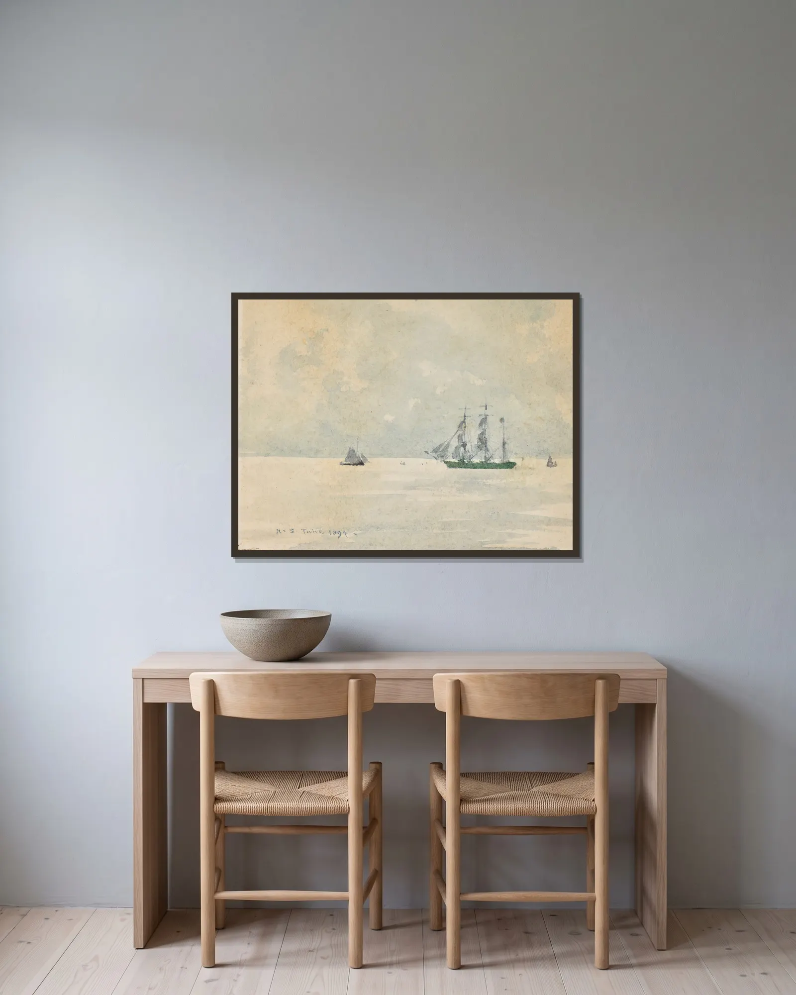 Three Masted Barque av Henry Scott Tuke inramad på en vägg