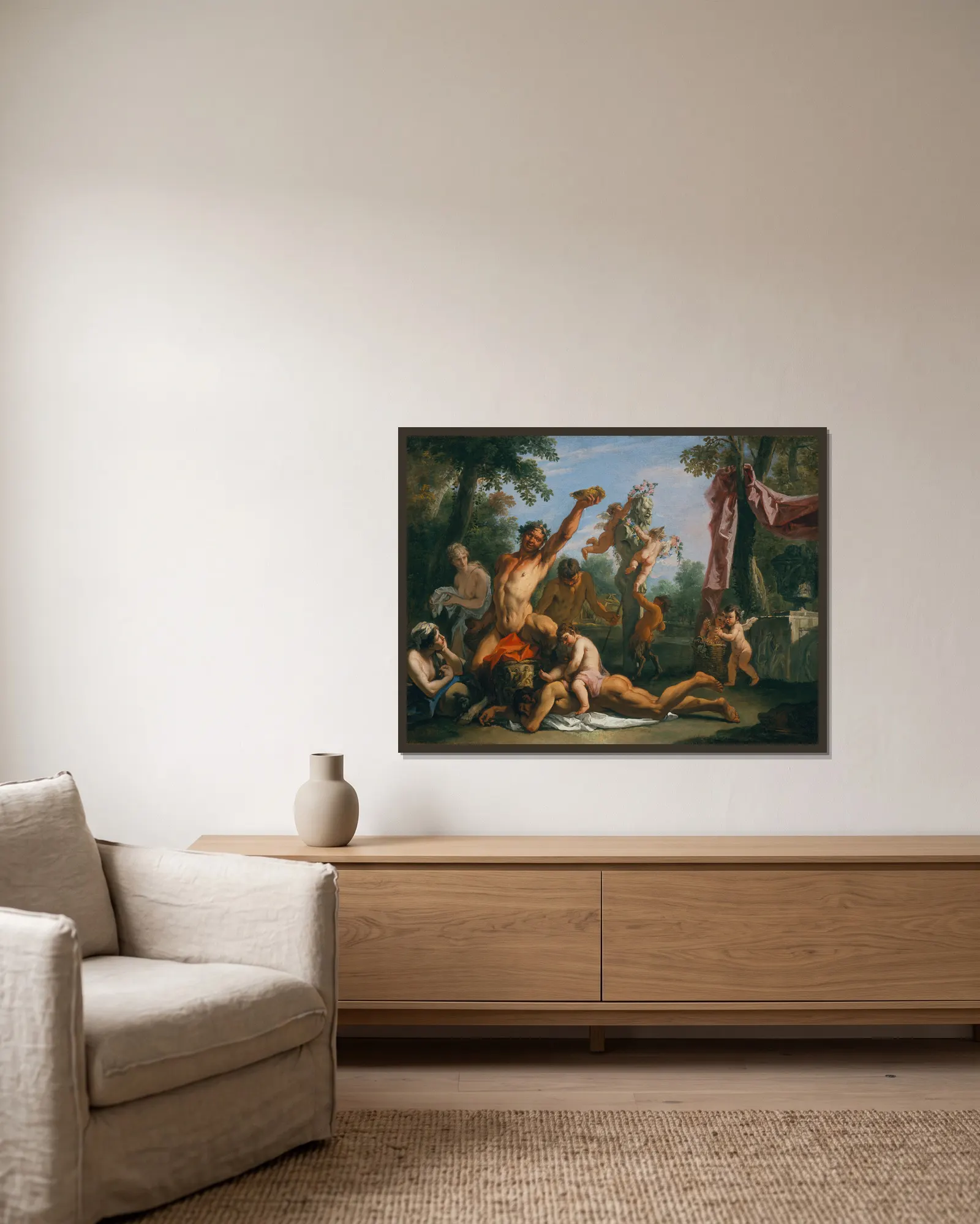 A Bacchanal av Sebastiano Ricci inramad på en vägg