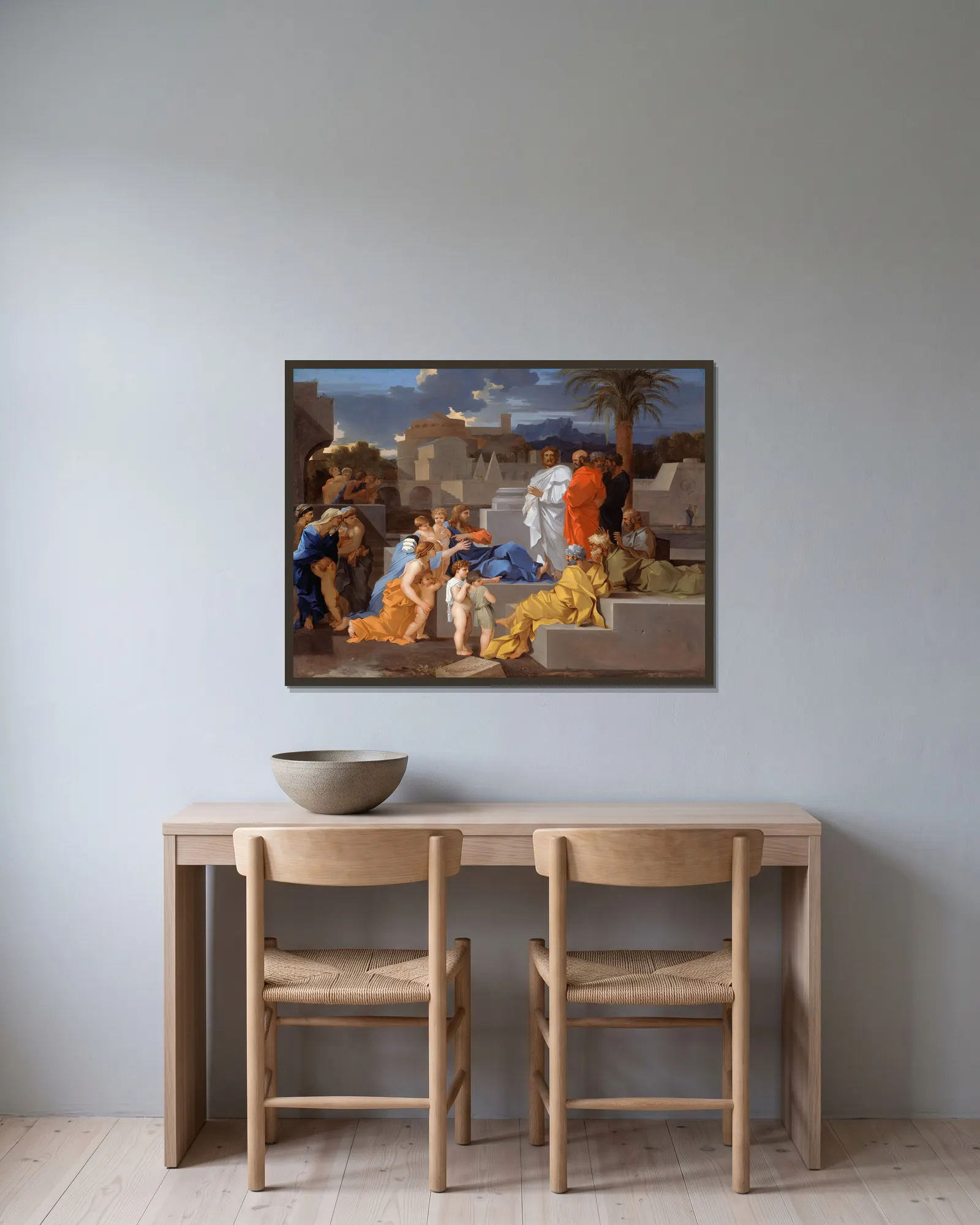 Christ Receiving the Children av Sébastien Bourdon inramad på en vägg