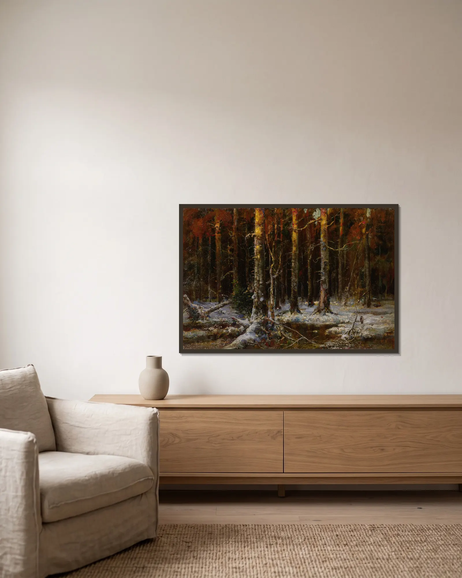 Forest In Winter av Julius Sergius Klever inramad på en vägg