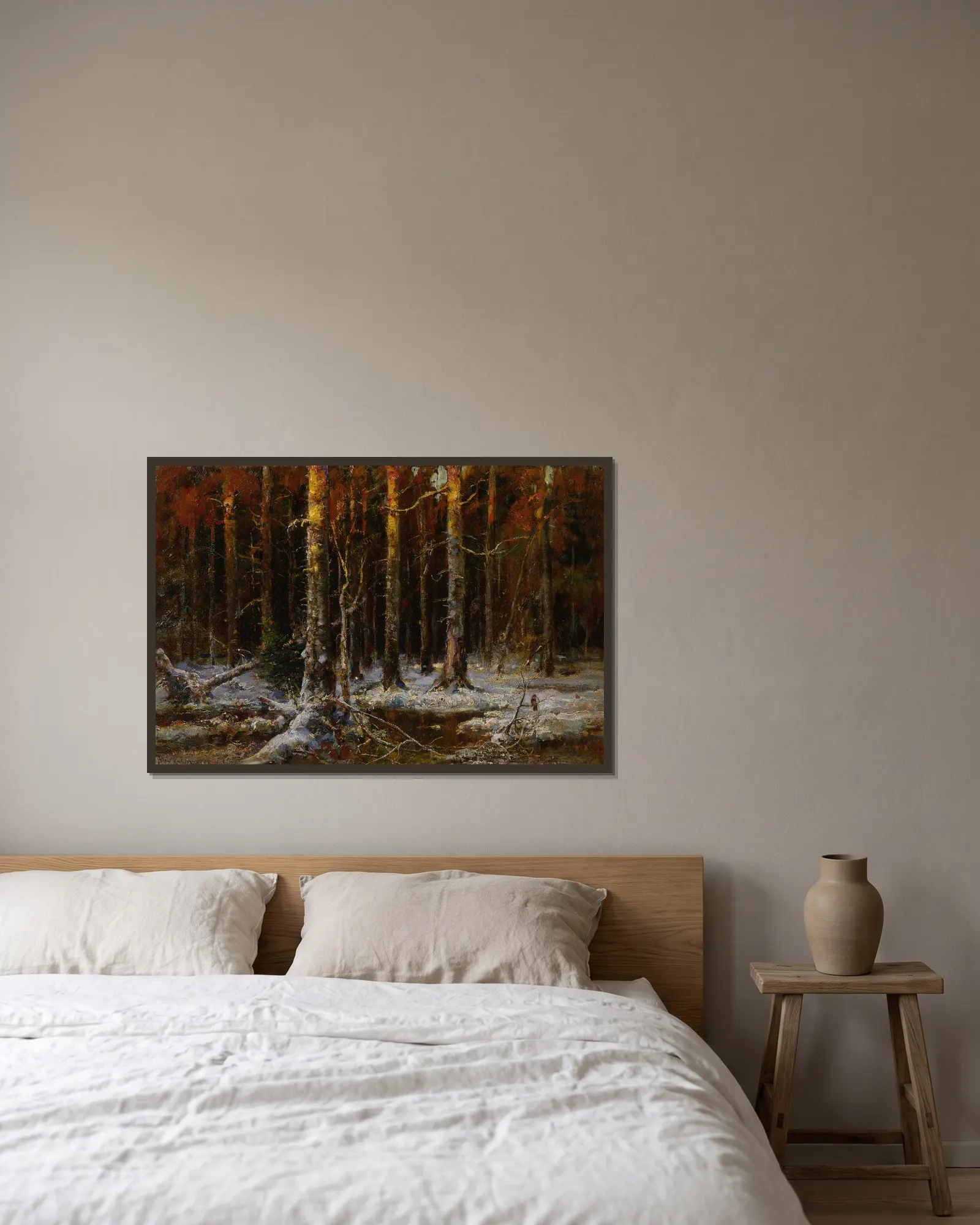 Forest In Winter av Julius Sergius Klever inramad på en vägg