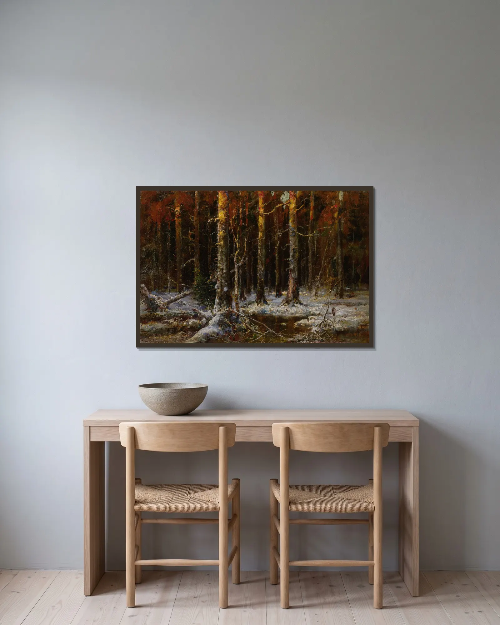 Forest In Winter av Julius Sergius Klever inramad på en vägg