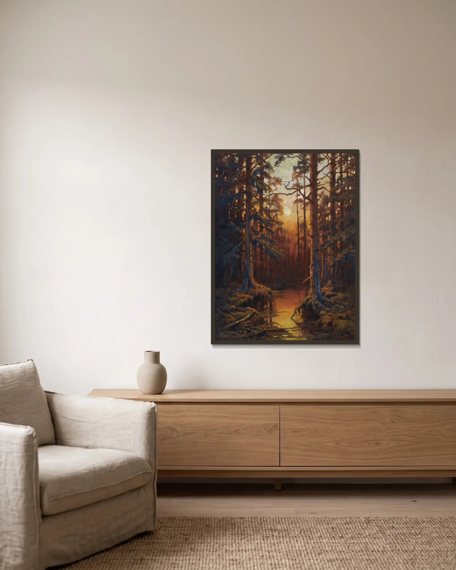 Forest Sunset av Julius Sergius Klever inramad på en vägg