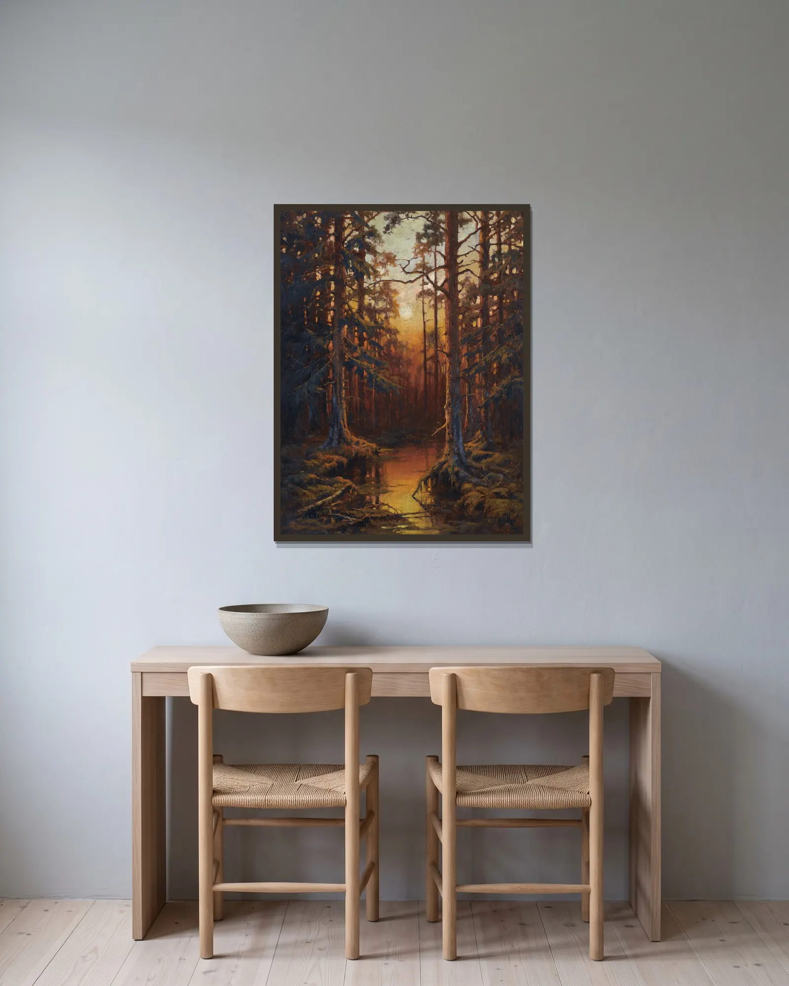 Forest Sunset av Julius Sergius Klever inramad på en vägg
