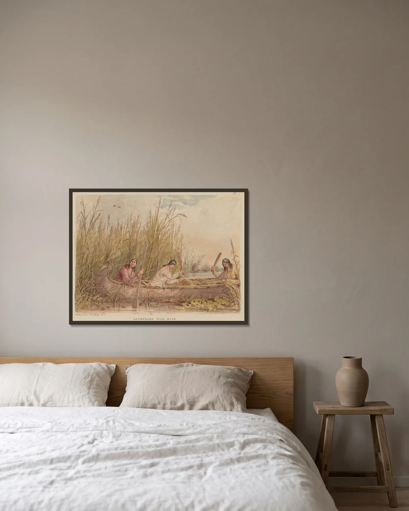Gathering Wild Rice, 1849 av Seth Eastman inramad på en vägg