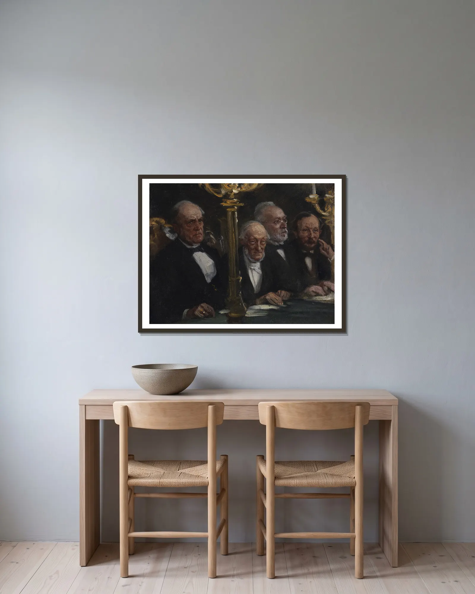 Portrætgruppe av Peder Severin Krøyer inramad på en vägg