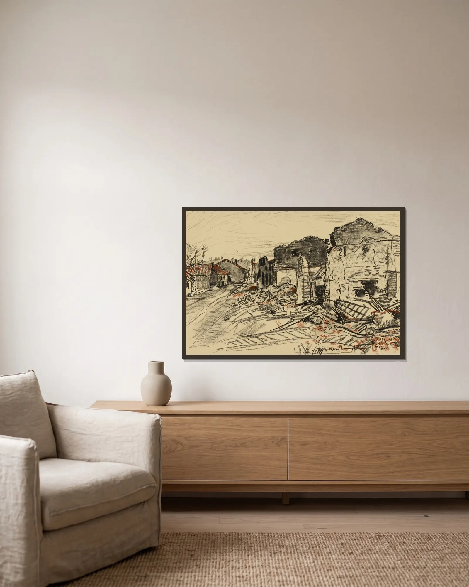 Destroyed Village, War Front av Donald Shaw MacLaughlan inramad på en vägg