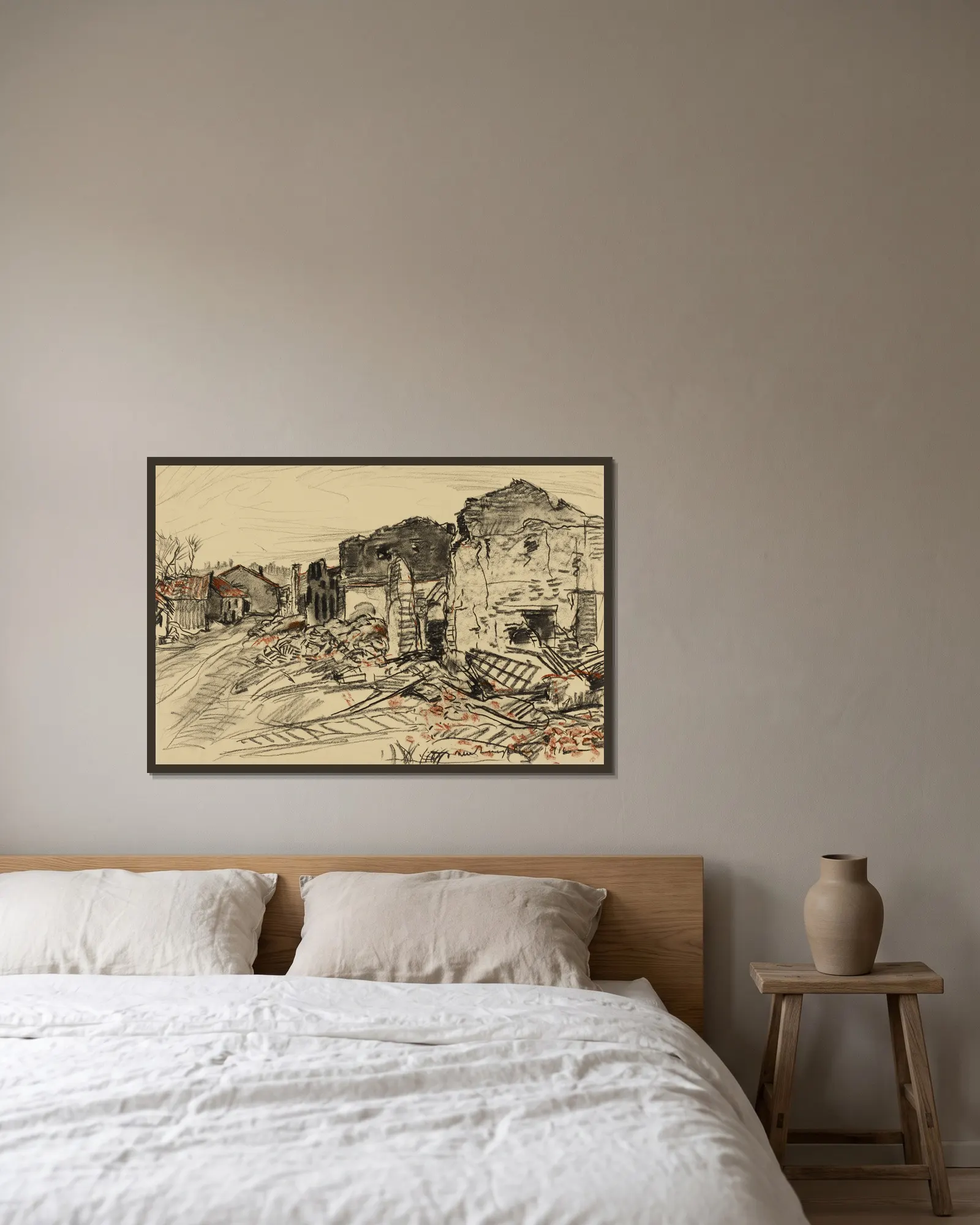 Destroyed Village, War Front av Donald Shaw MacLaughlan inramad på en vägg