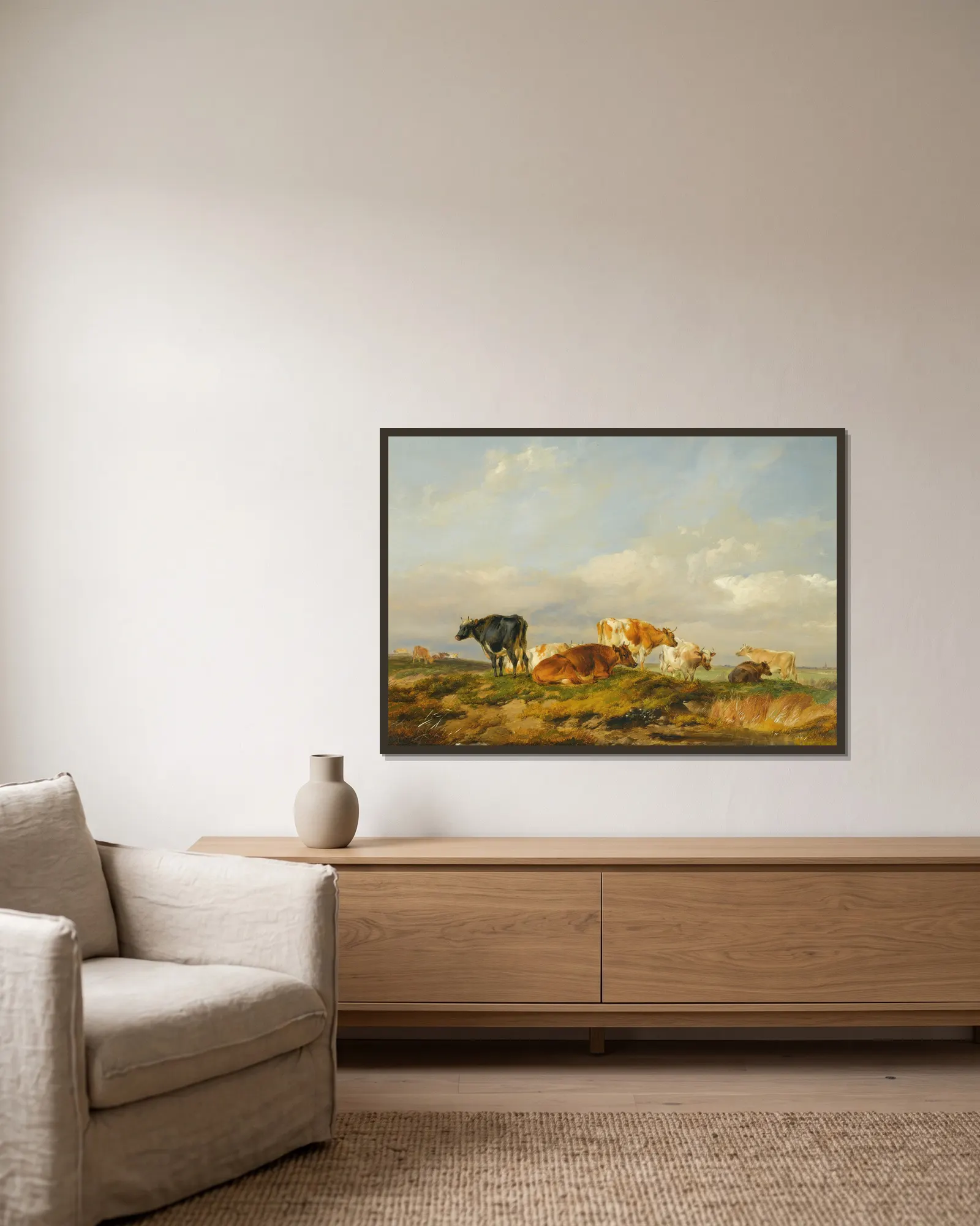 Cattle In A Kent Meadow av Thomas Sidney Cooper inramad på en vägg