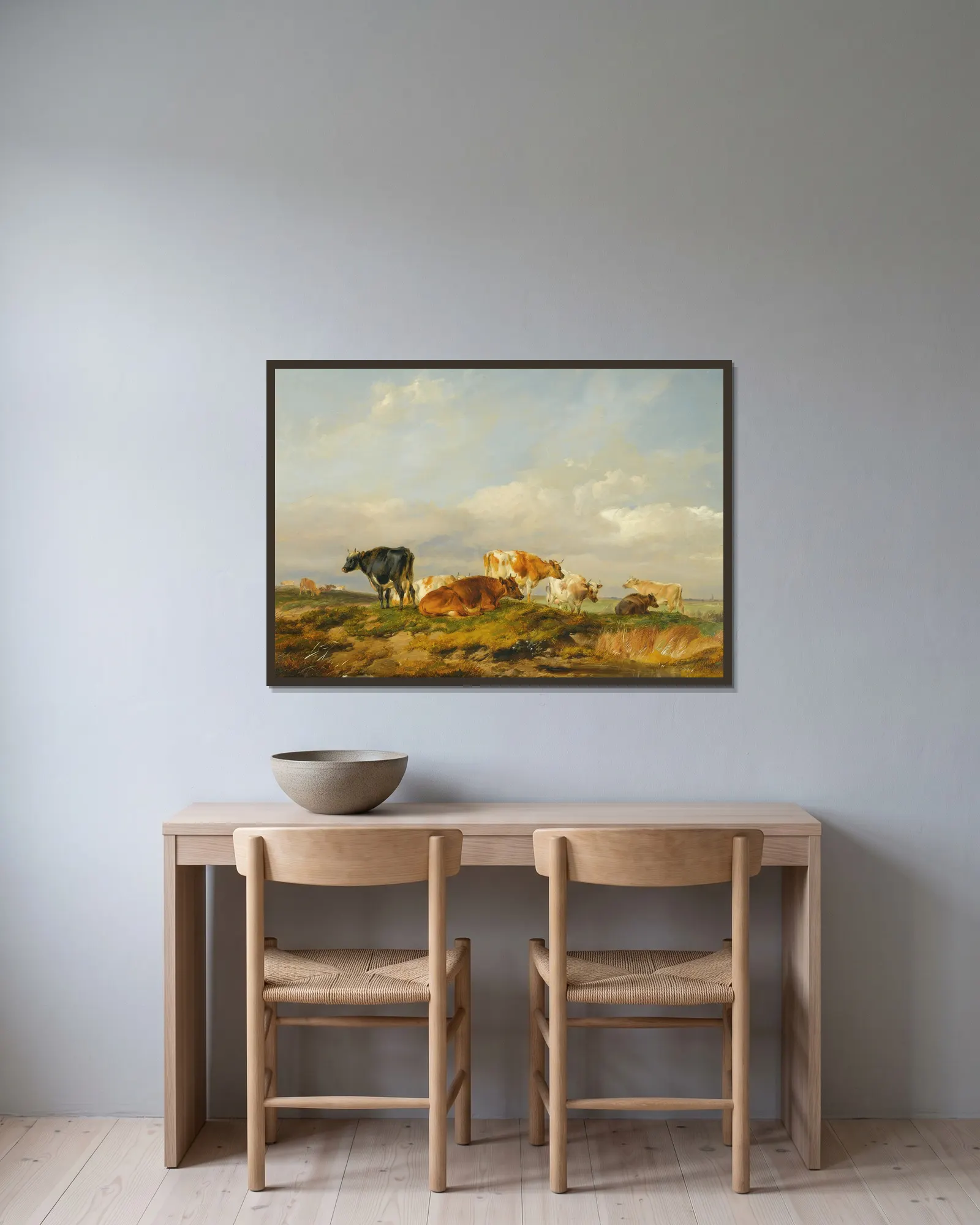 Cattle In A Kent Meadow av Thomas Sidney Cooper inramad på en vägg