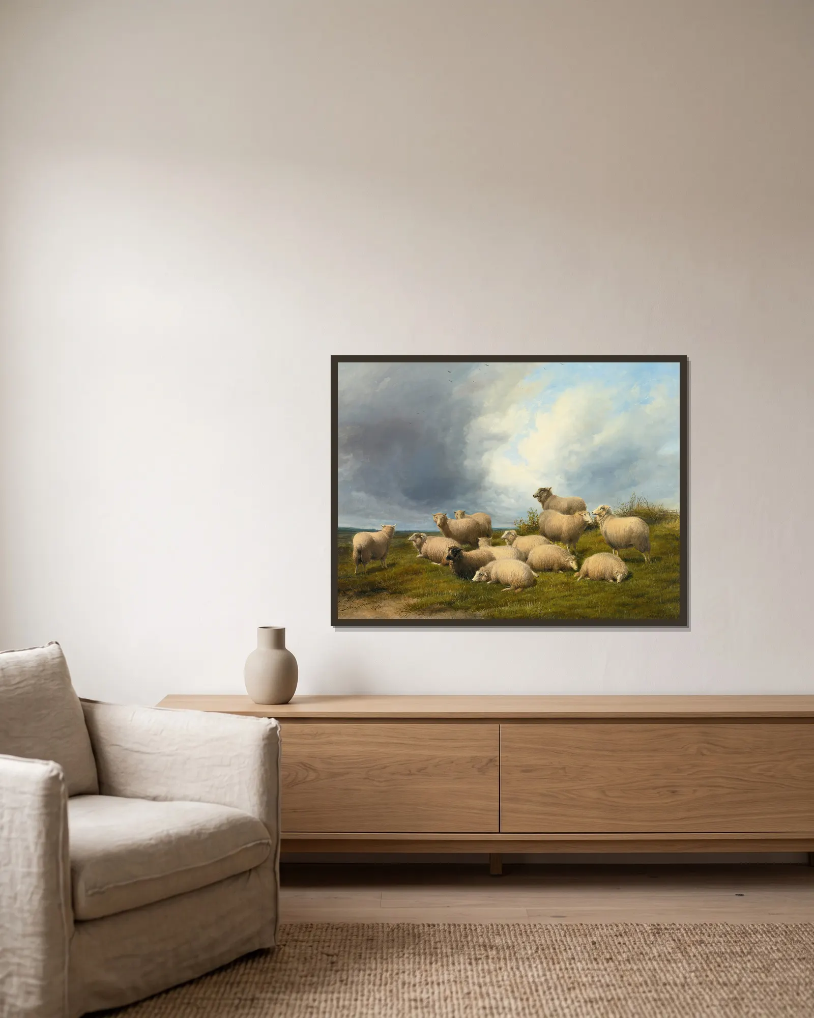 Sheep In A Pasture av Thomas Sidney Cooper inramad på en vägg