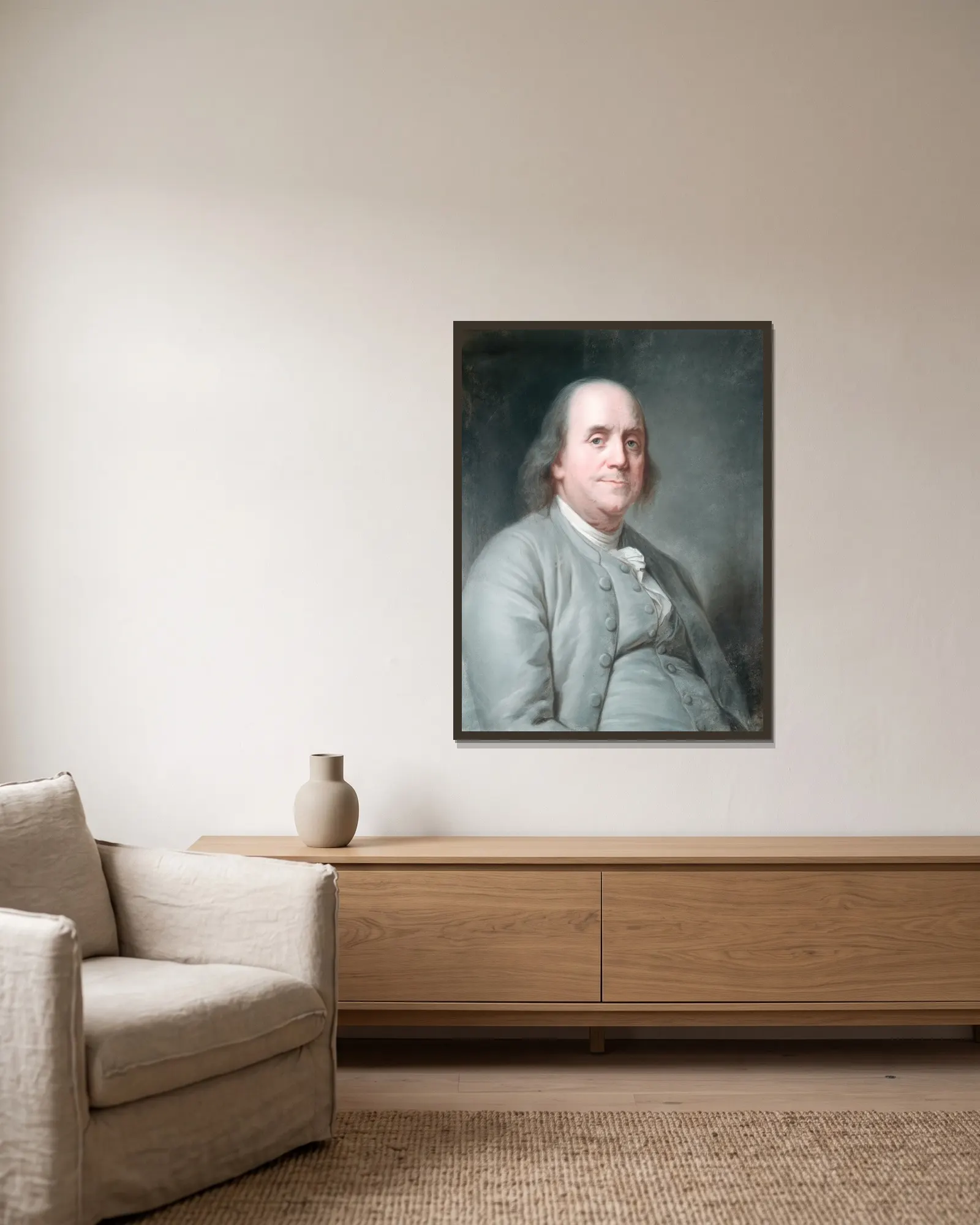Benjamin Franklin, 1783 av Joseph Siffred Duplessis inramad på en vägg