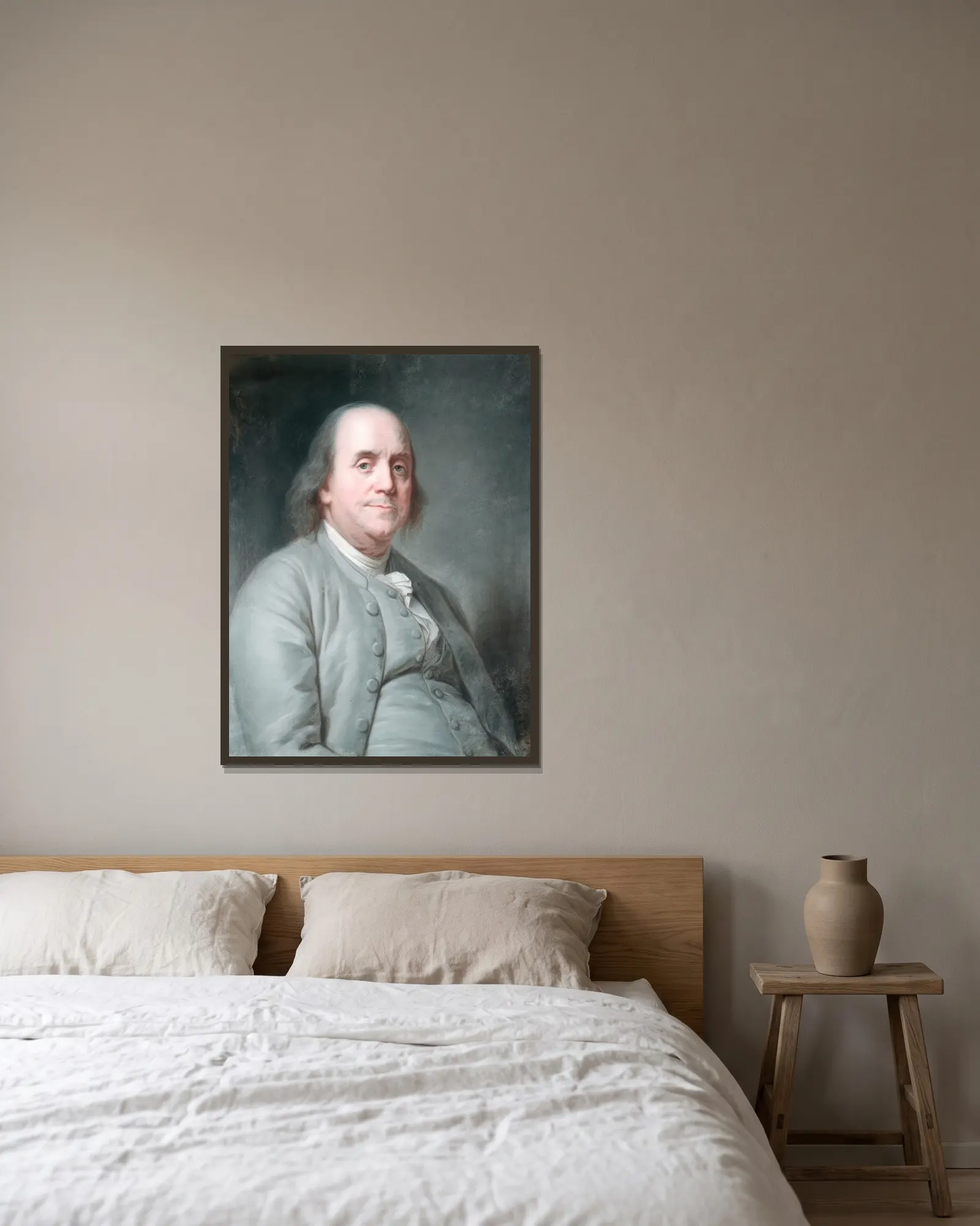 Benjamin Franklin, 1783 av Joseph Siffred Duplessis inramad på en vägg