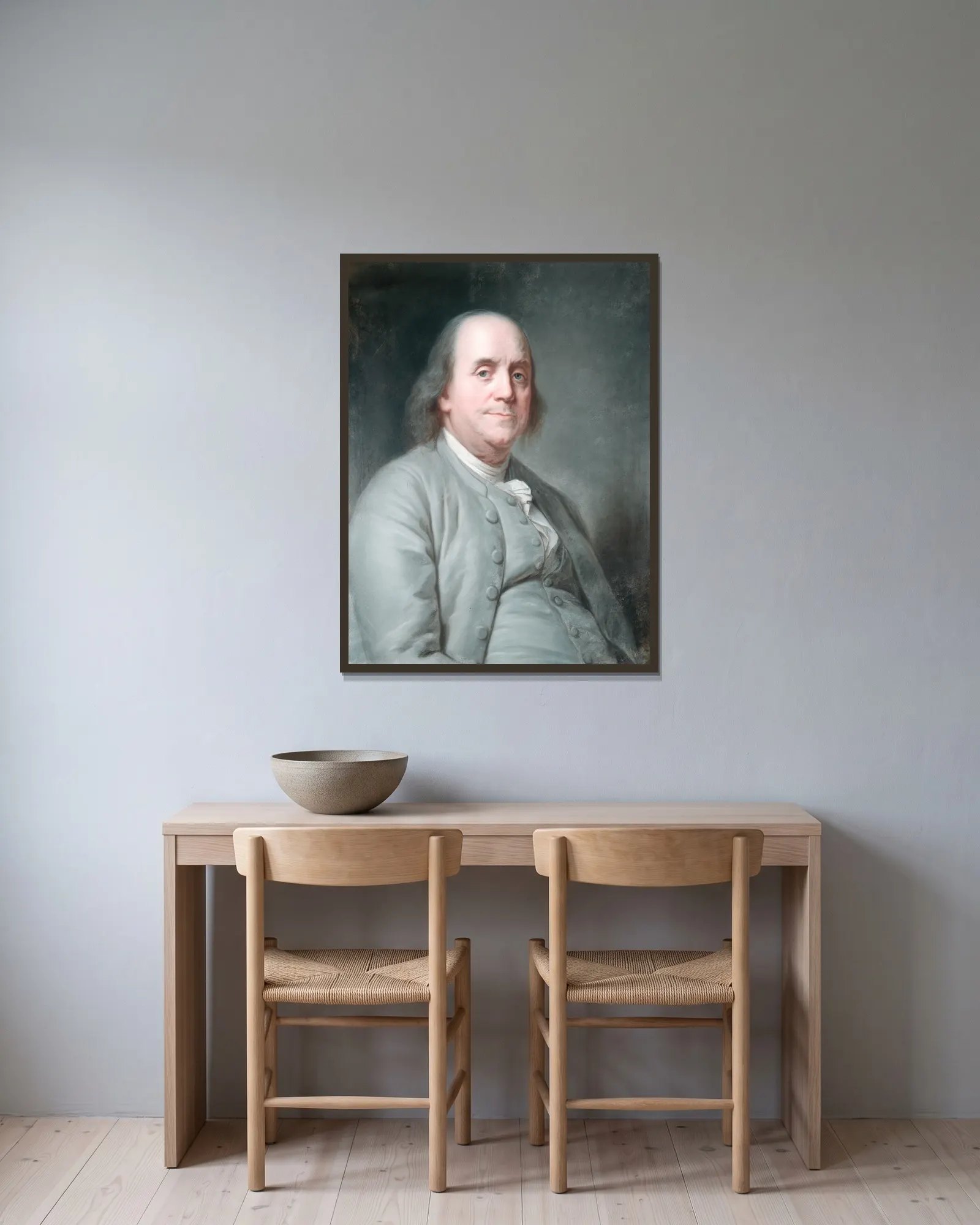 Benjamin Franklin, 1783 av Joseph Siffred Duplessis inramad på en vägg