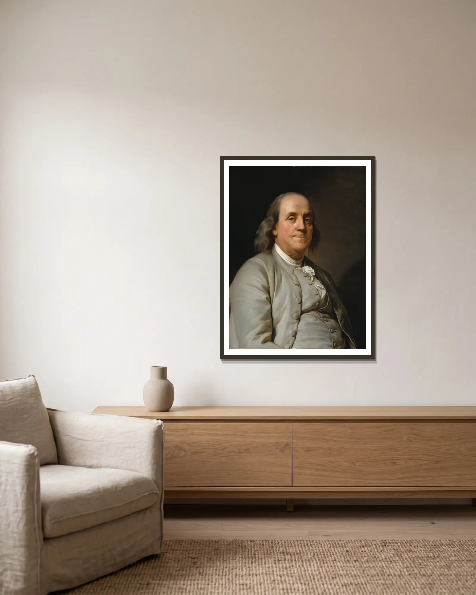 Benjamin Franklin av Joseph Siffred Duplessis inramad på en vägg