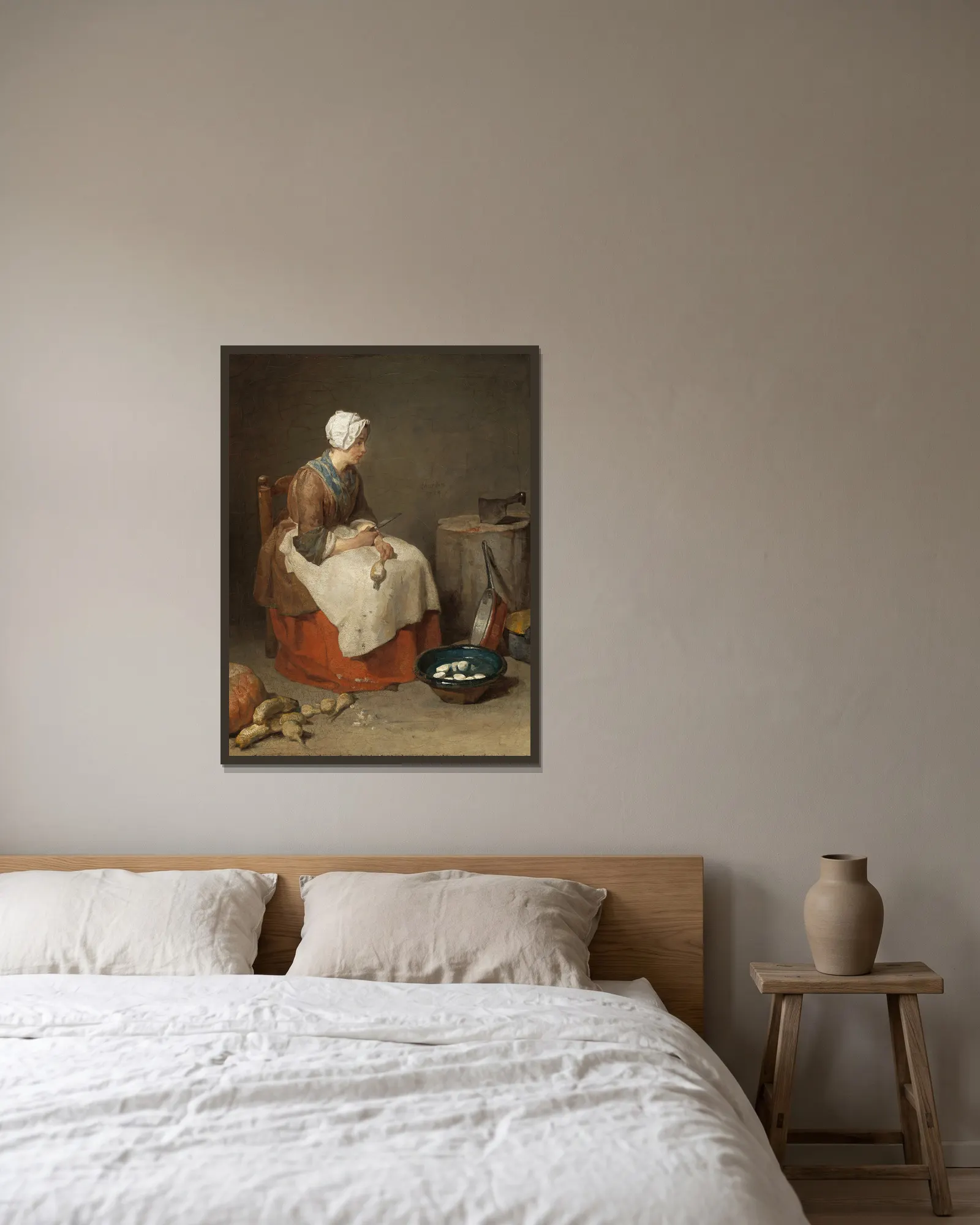 The Kitchen Maid av Jean Siméon Chardin inramad på en vägg