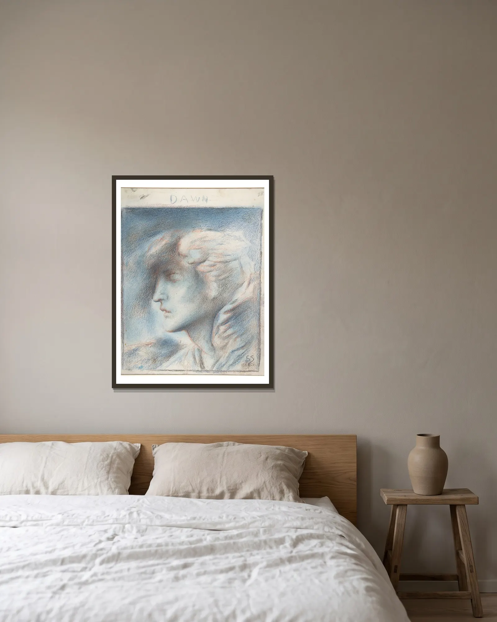 Dawn (Head of Hypnos) av Simeon Solomon inramad på en vägg