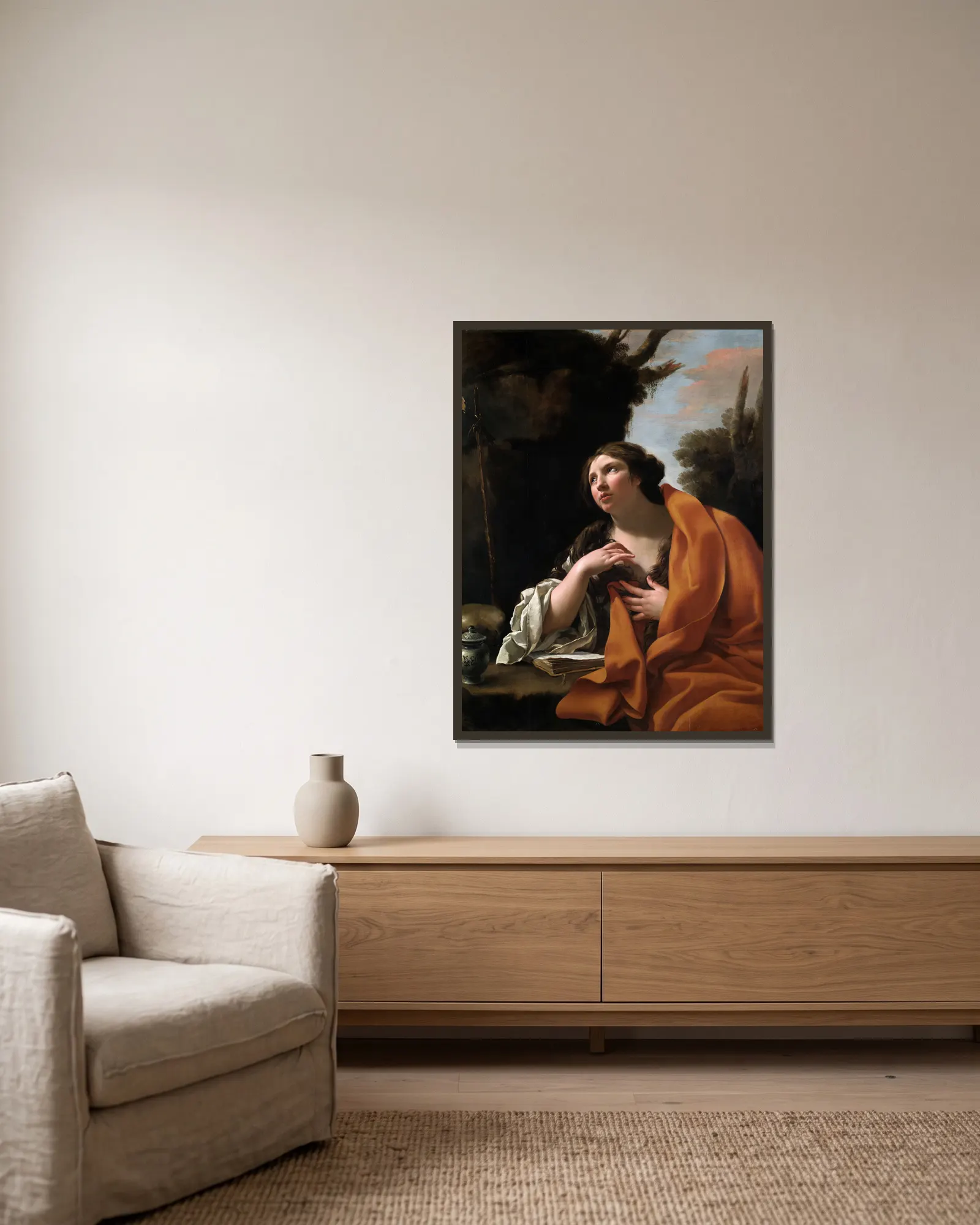 Saint Mary Magdalen av Simon Vouet inramad på en vägg