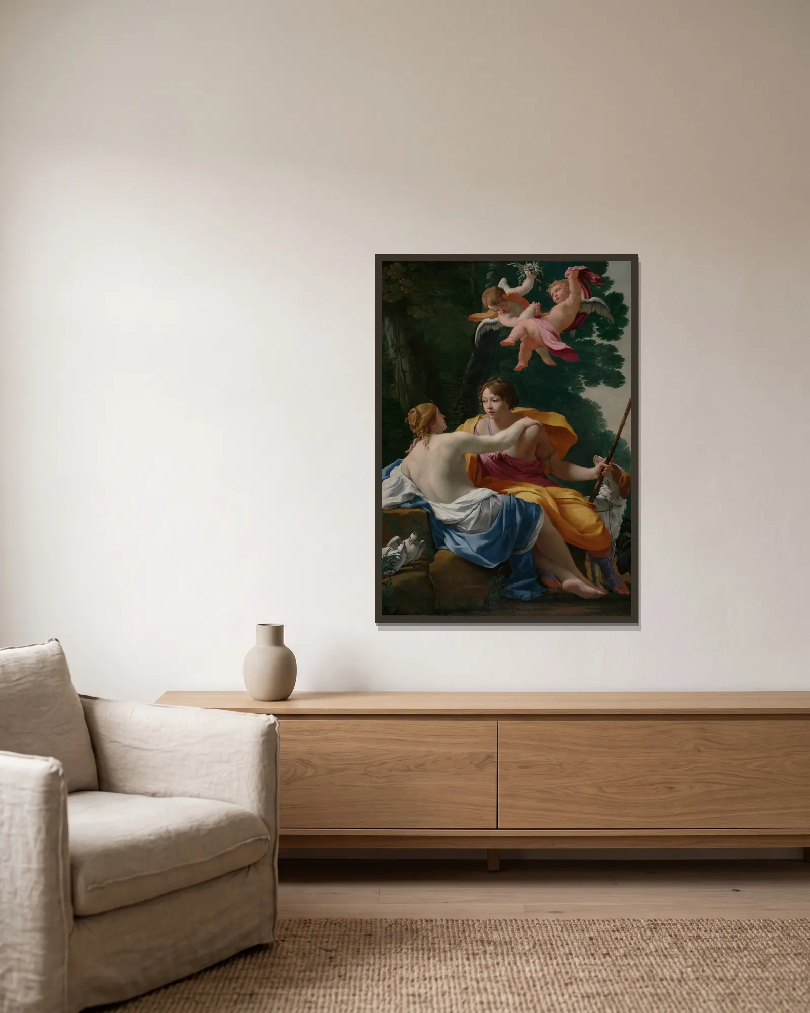 Venus and Adonis av Simon Vouet inramad på en vägg